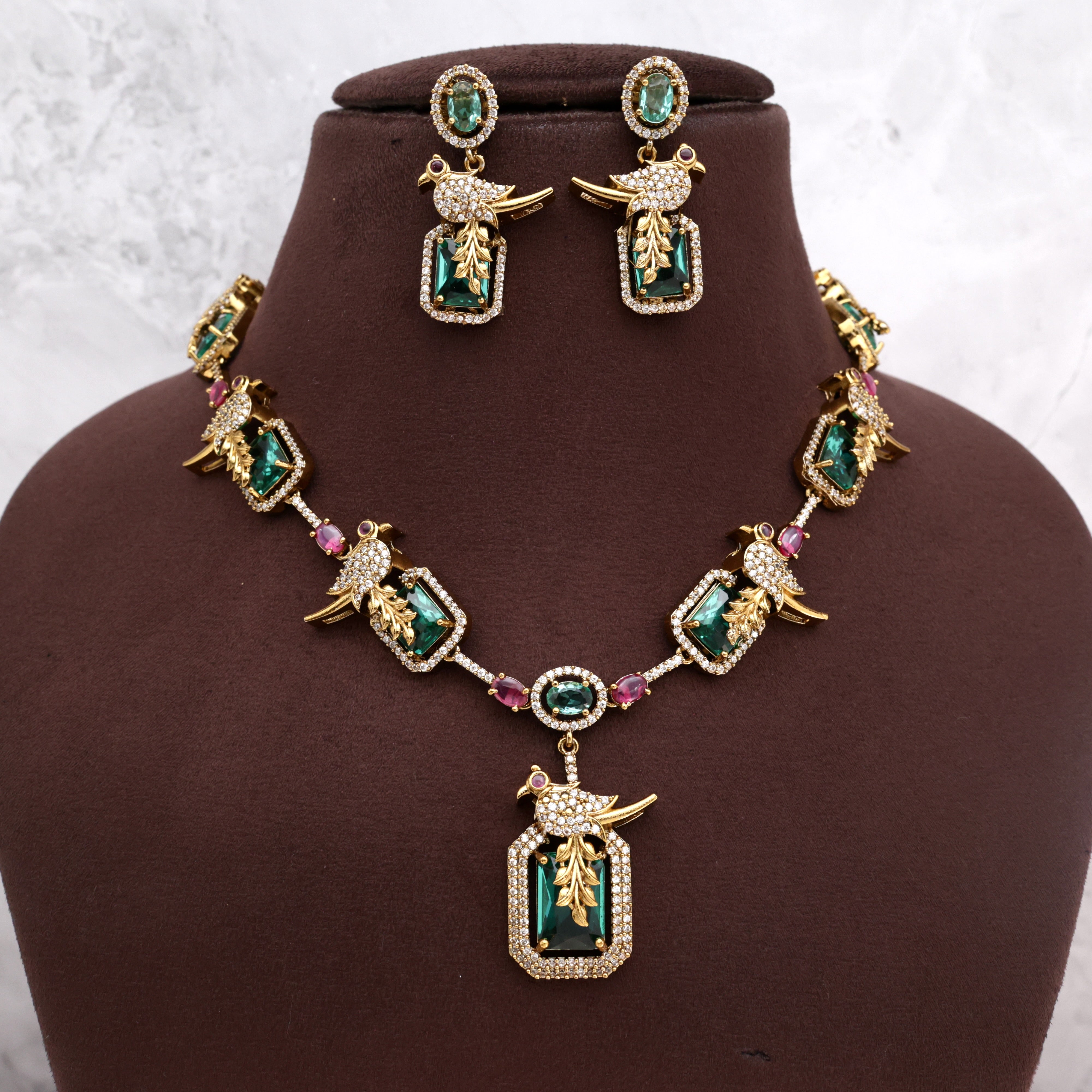 Victorian Diamond Look Rectangle Cut Stone Birdie Necklace Set