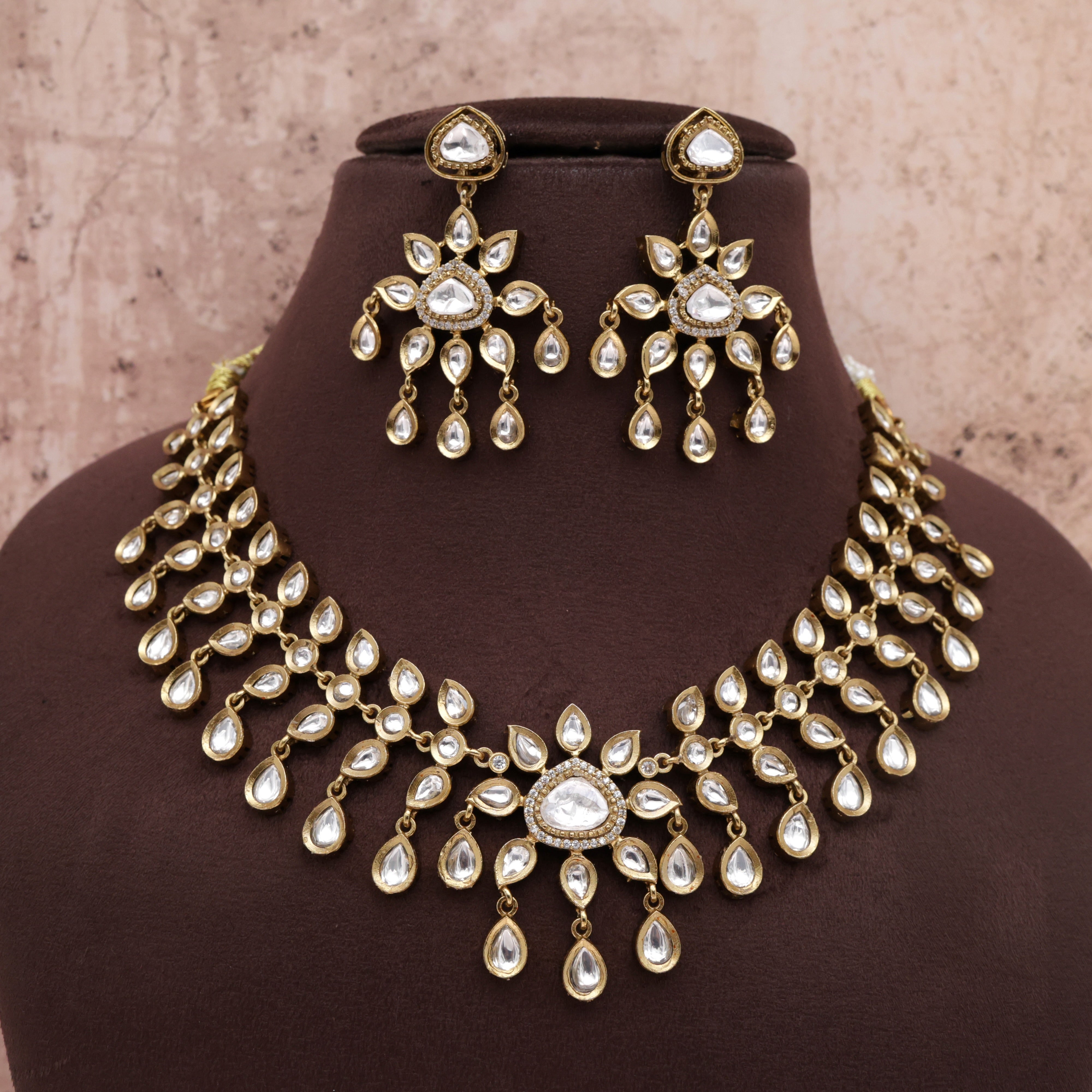 Full White Kundan Stones Flower Leaf Vine Bridal Necklace Set