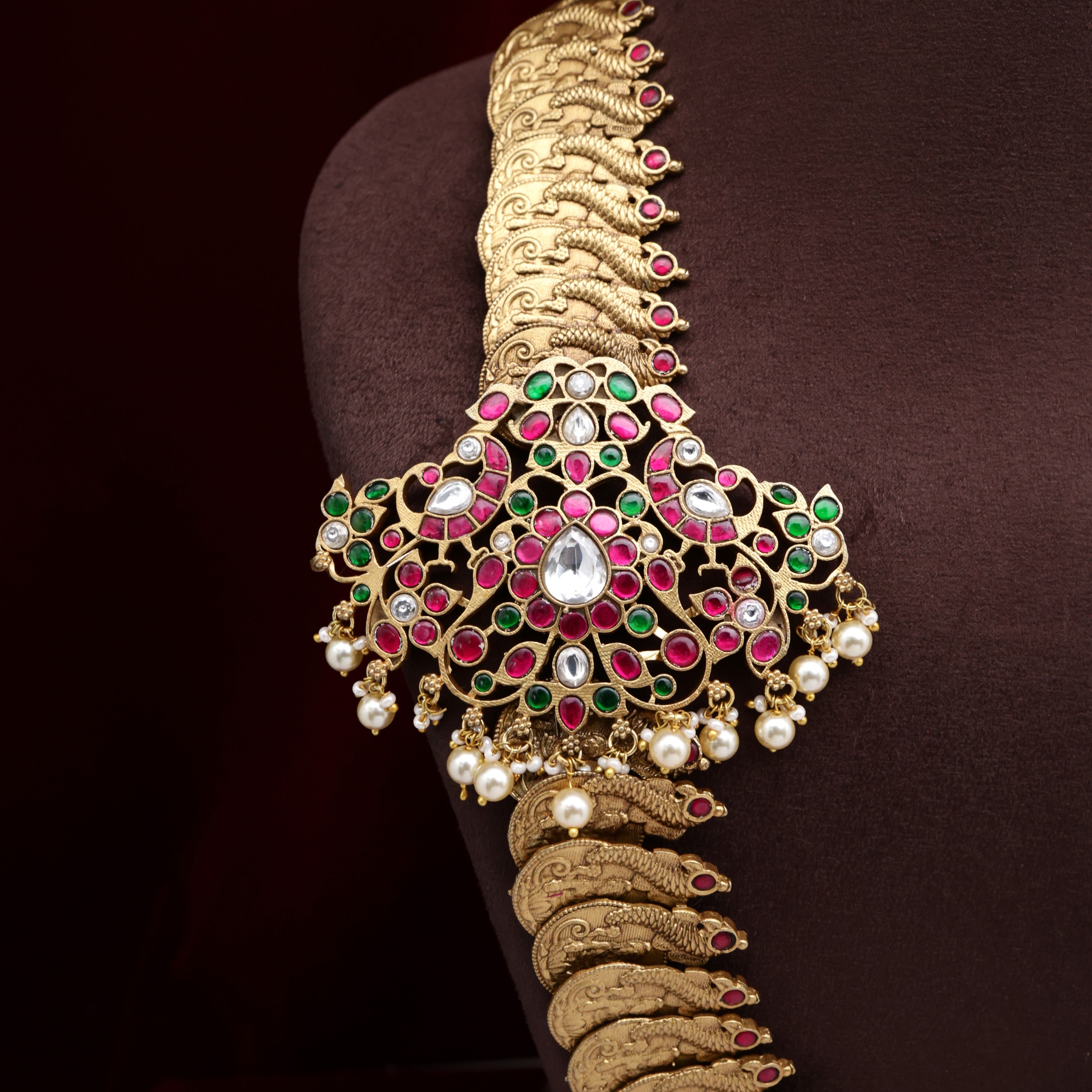 Antique Big Lakshmi Coin Jadau Kundan Mogappu Pendant Bridal Haaram