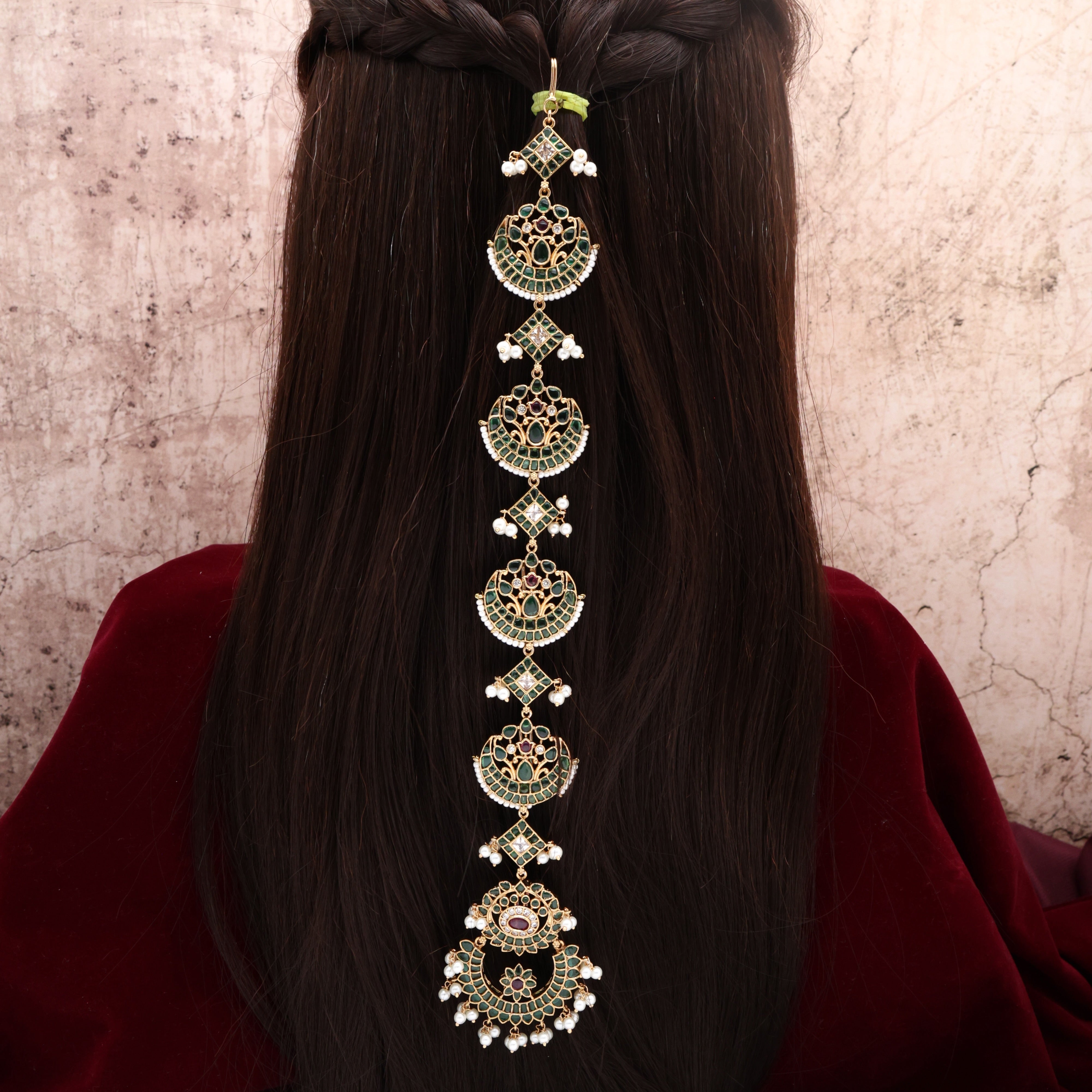 Premium Kemp Pearl Kundan Chaandini Bridal Hair Choti - Green & Ruby