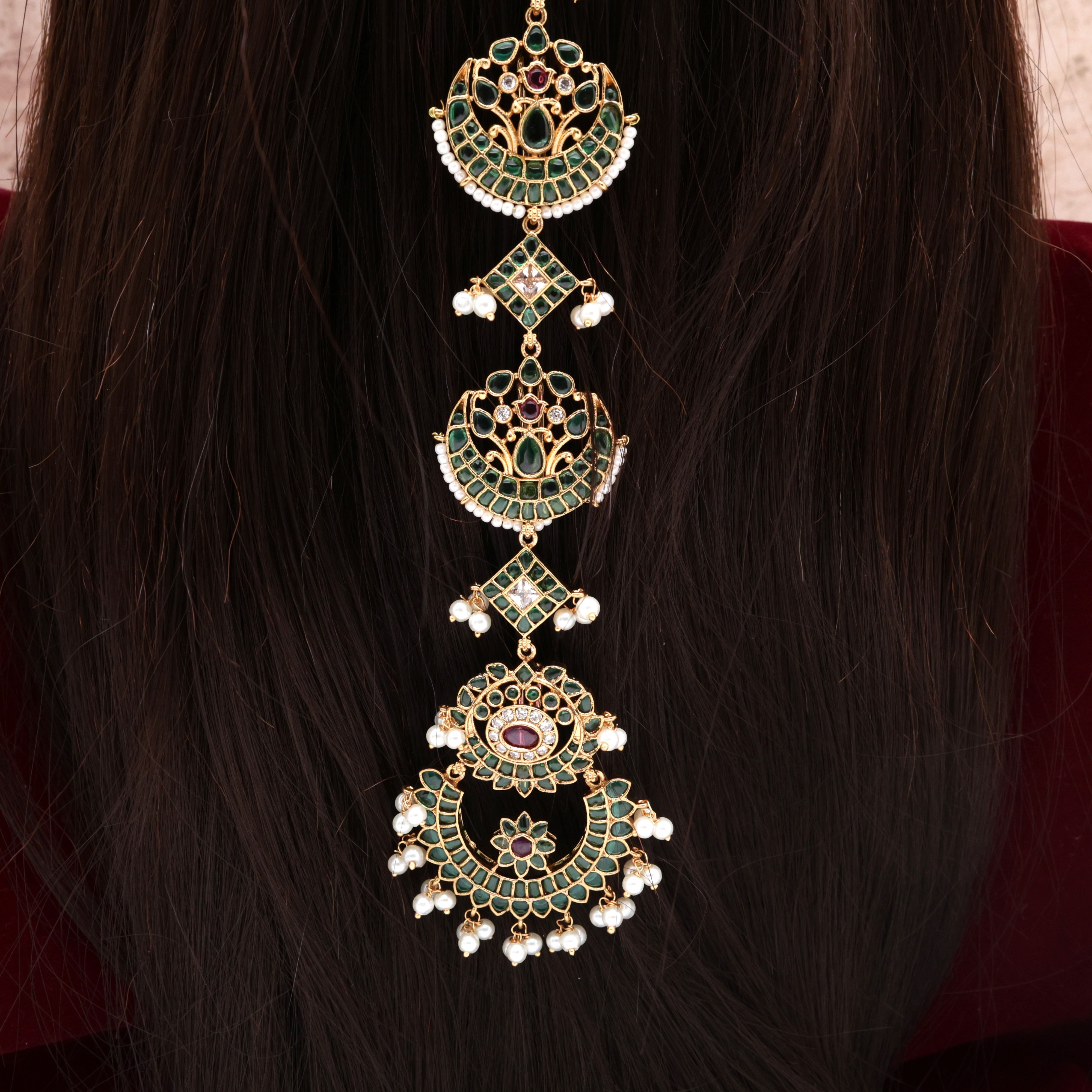Premium Kemp Pearl Kundan Chaandini Bridal Hair Choti - Green & Ruby