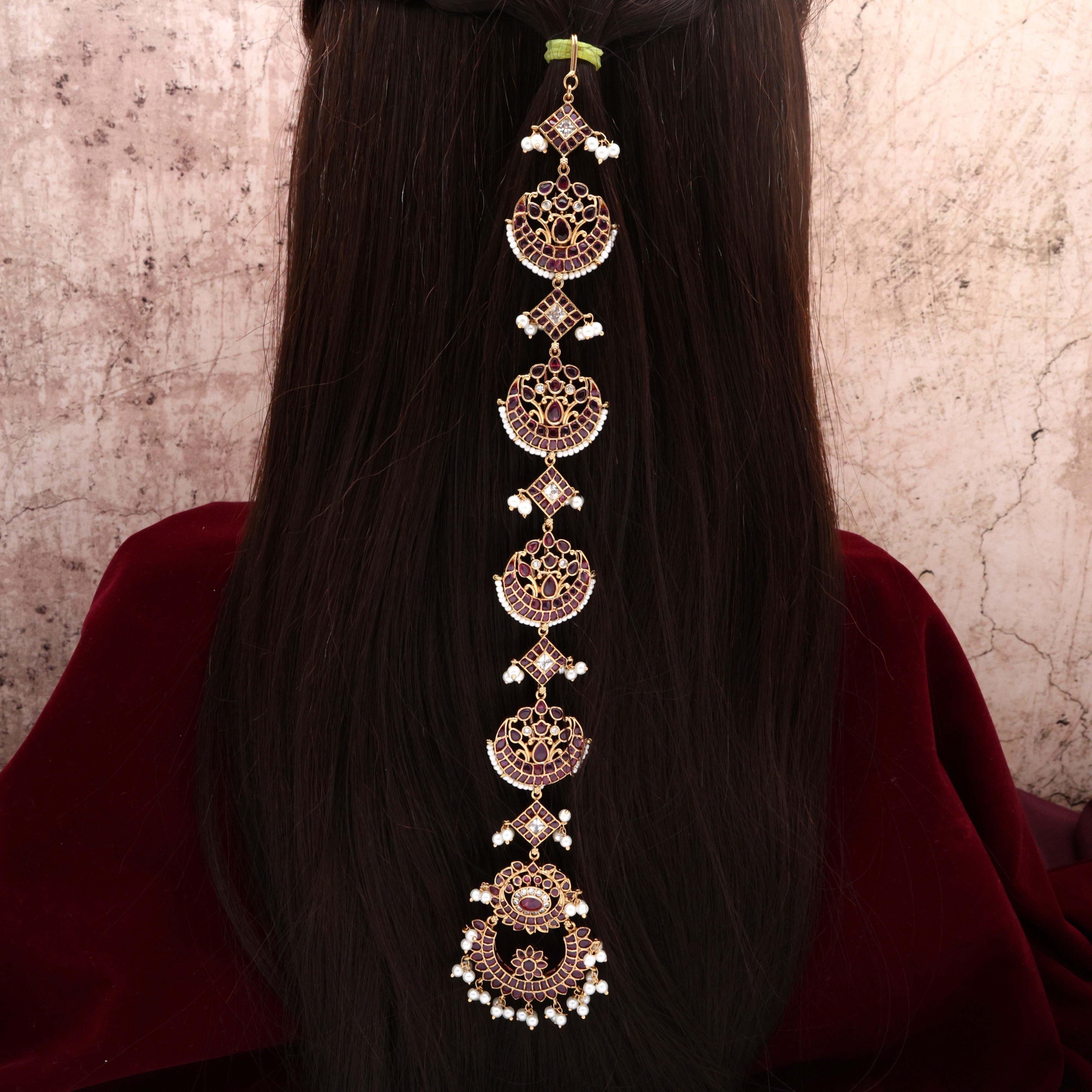Premium Kemp Pearl Kundan Chaandini Bridal Hair Choti - Ruby