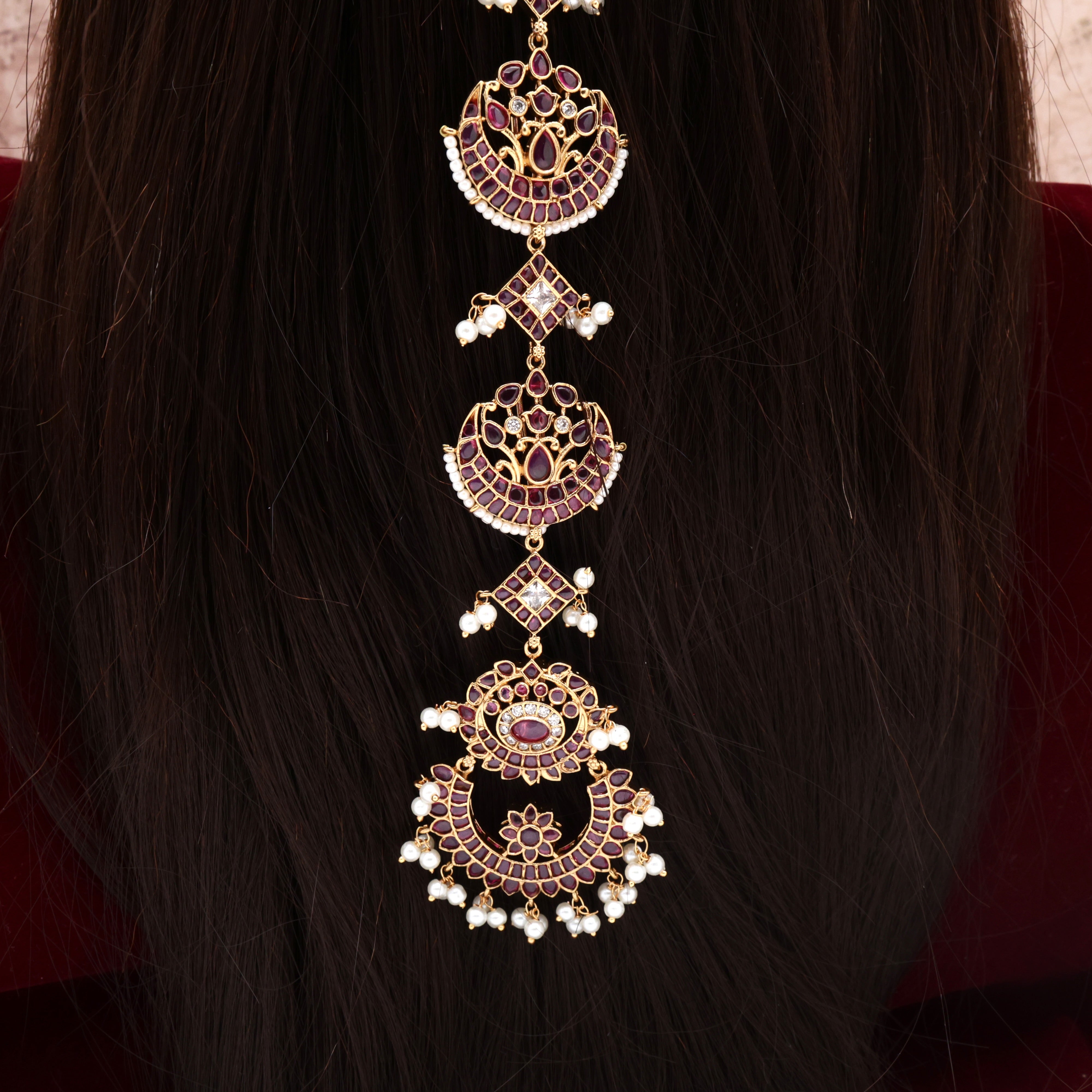 Premium Kemp Pearl Kundan Chaandini Bridal Hair Choti - Ruby