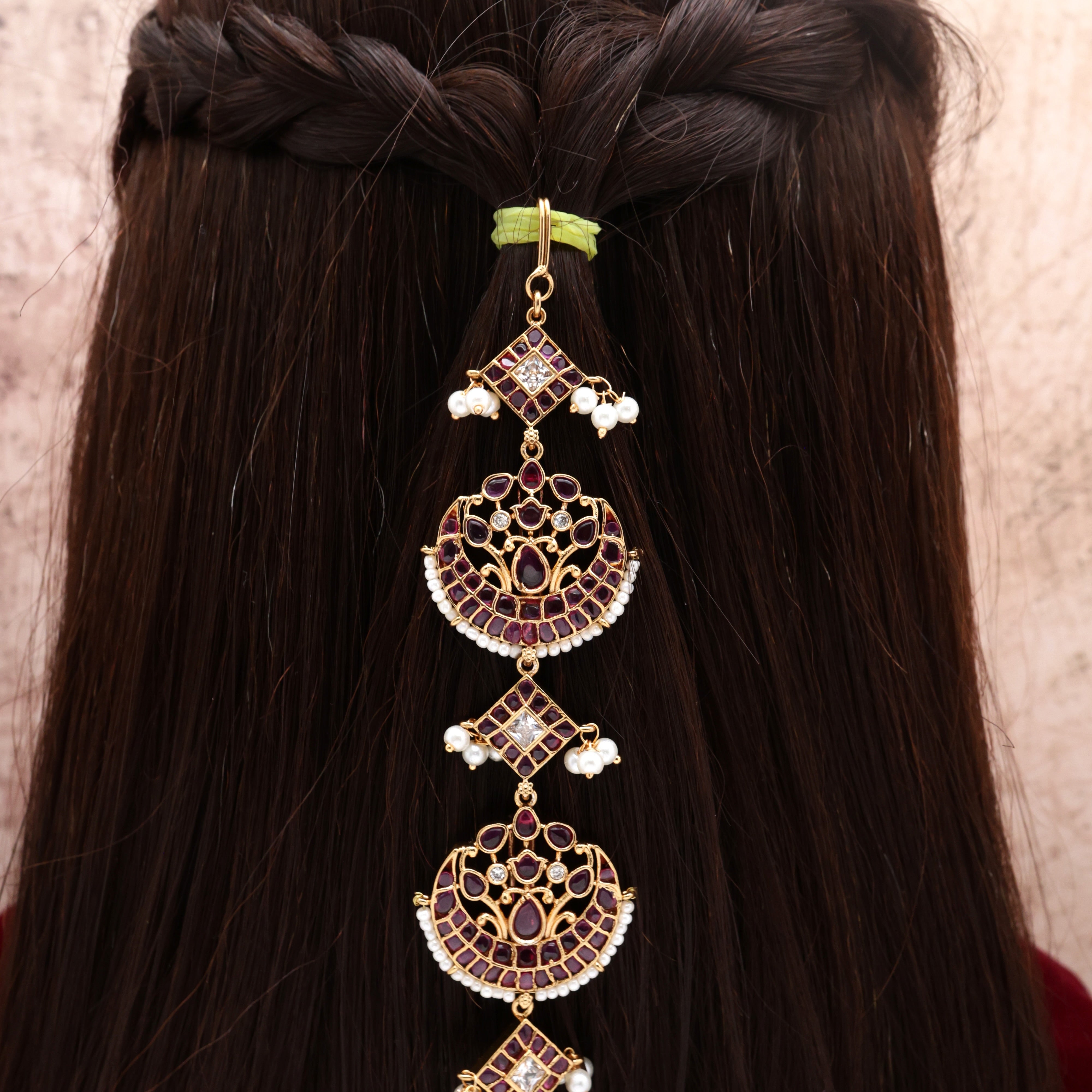 Premium Kemp Pearl Kundan Chaandini Bridal Hair Choti - Ruby