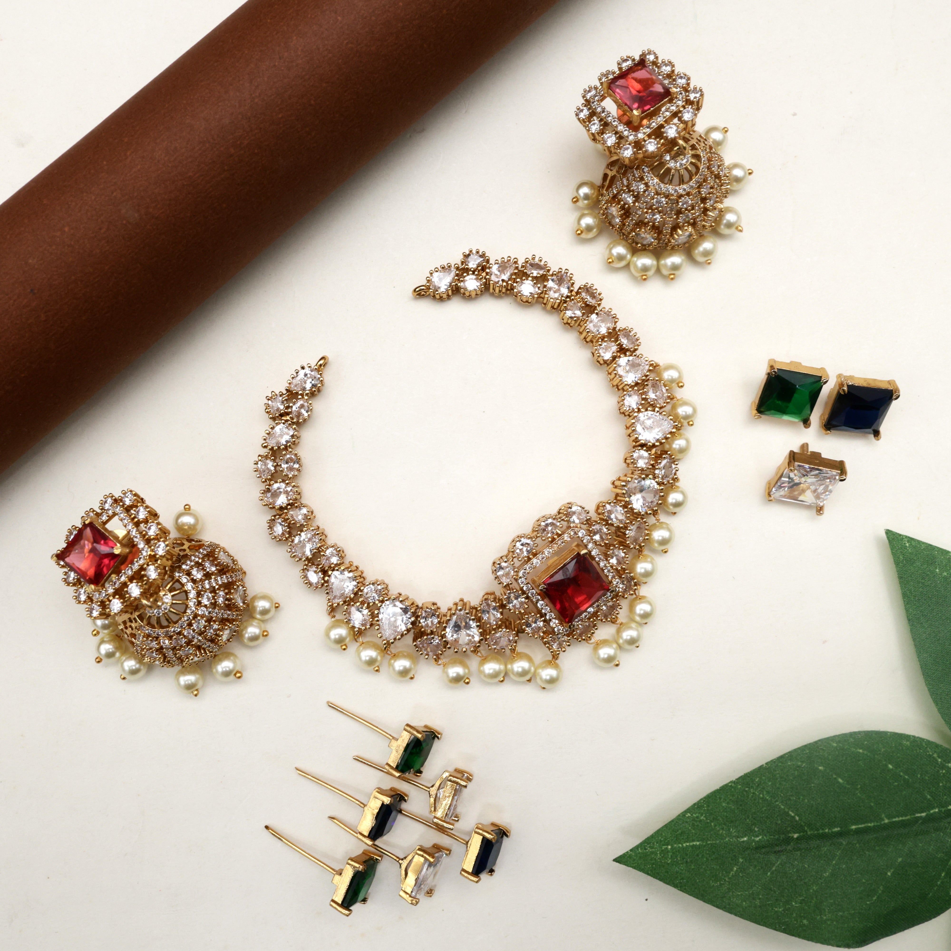 Diamond Look Square Stone Changeable Bridal Necklace Set