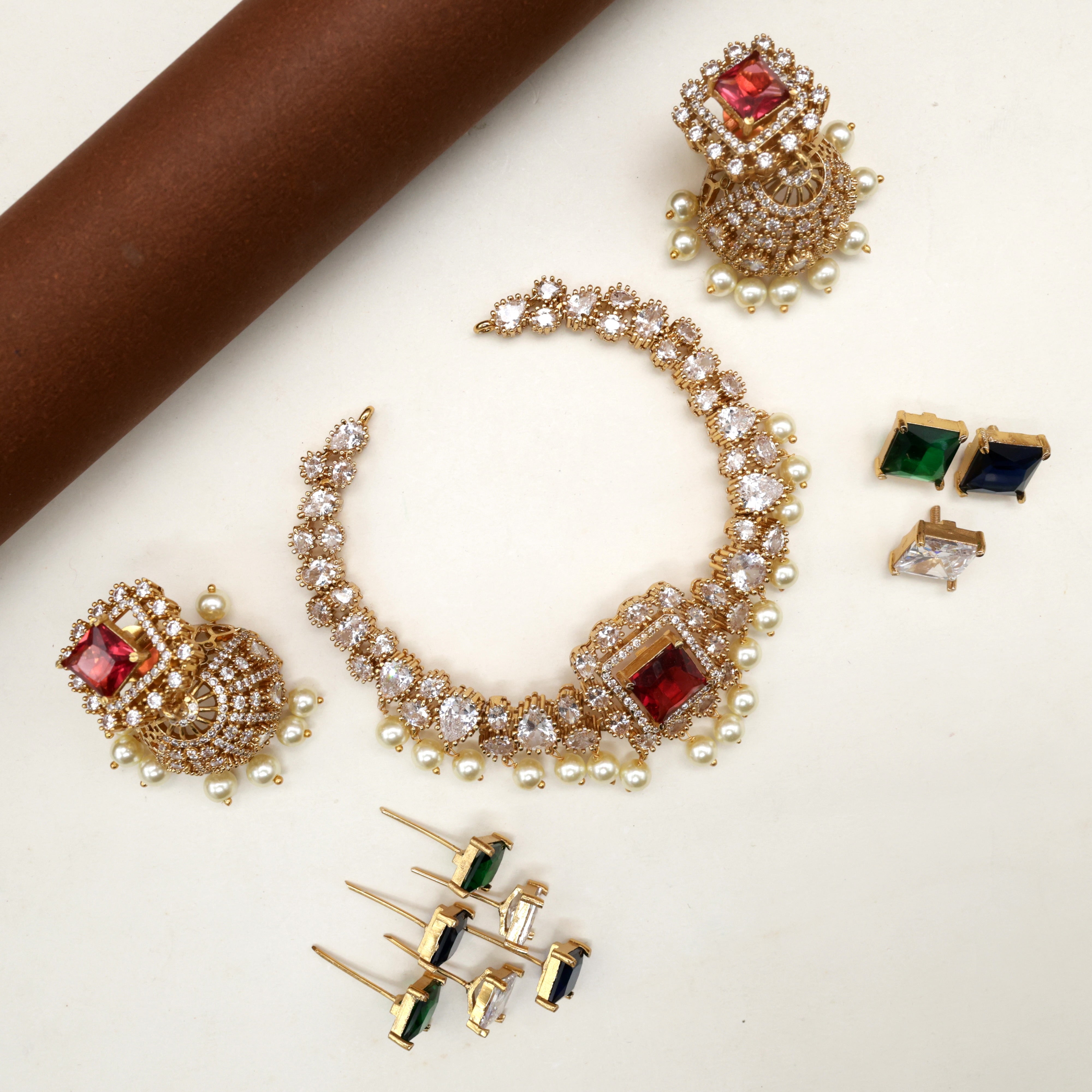 Diamond Look Square Stone Changeable Bridal Necklace Set