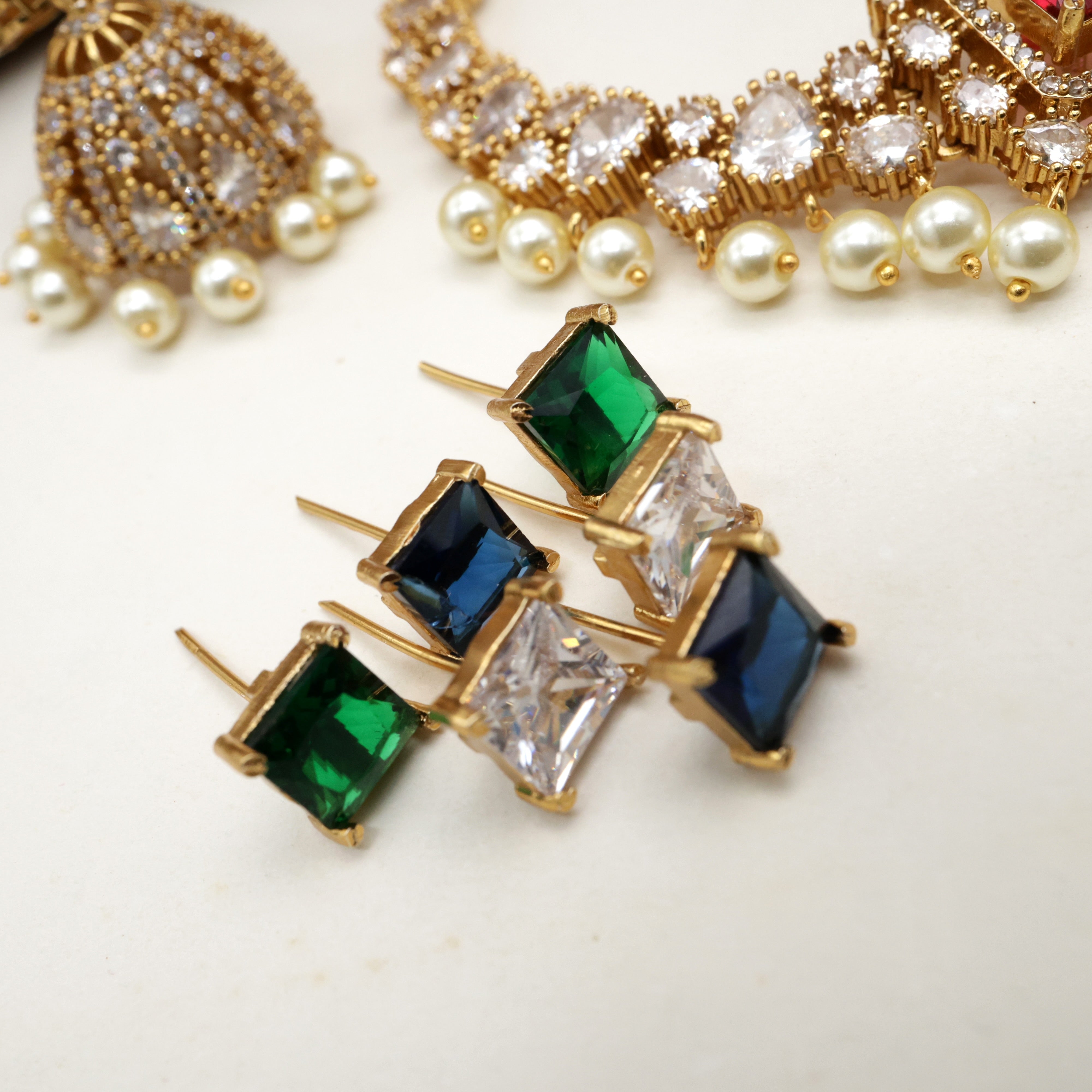 Diamond Look Square Stone Changeable Bridal Necklace Set