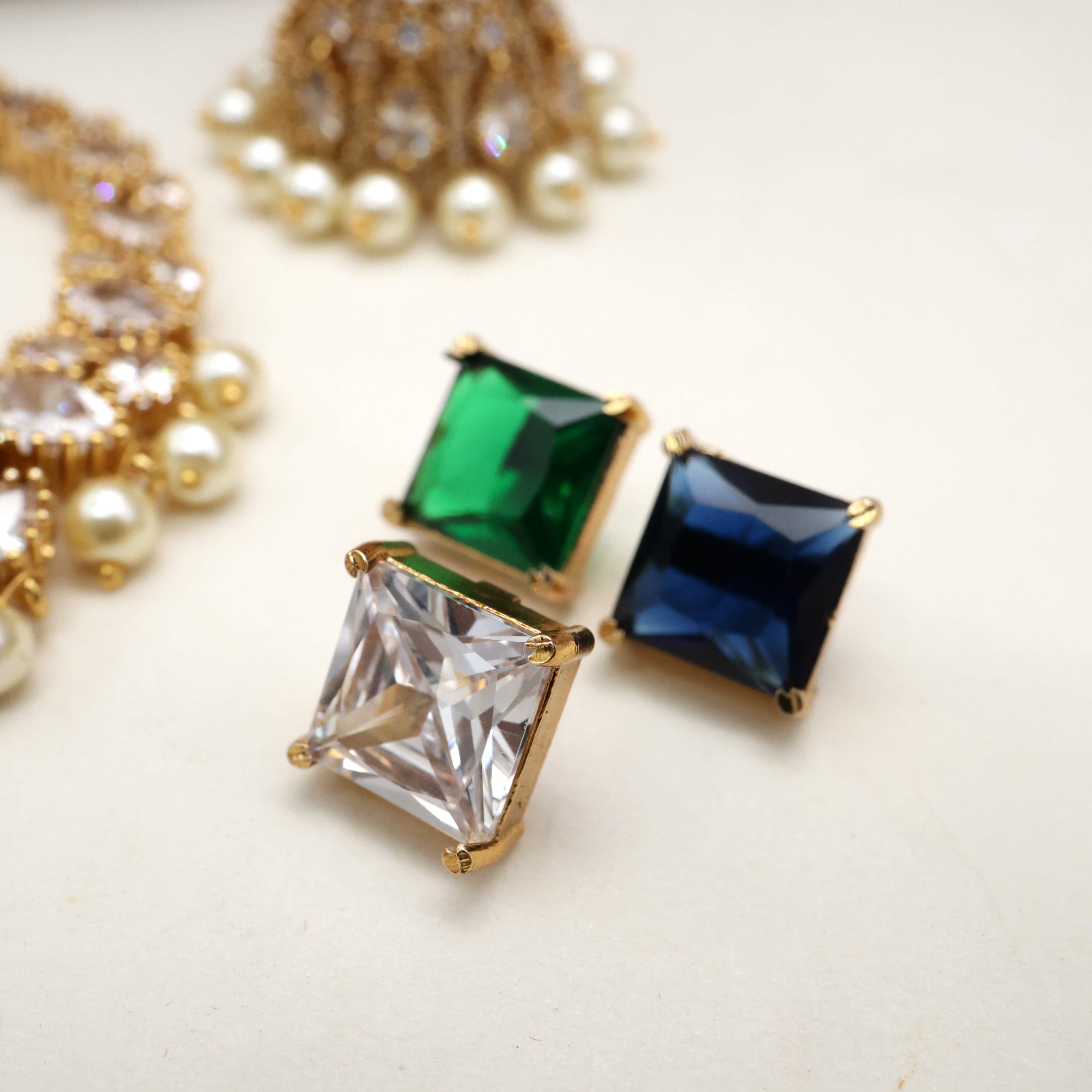 Diamond Look Square Stone Changeable Bridal Necklace Set