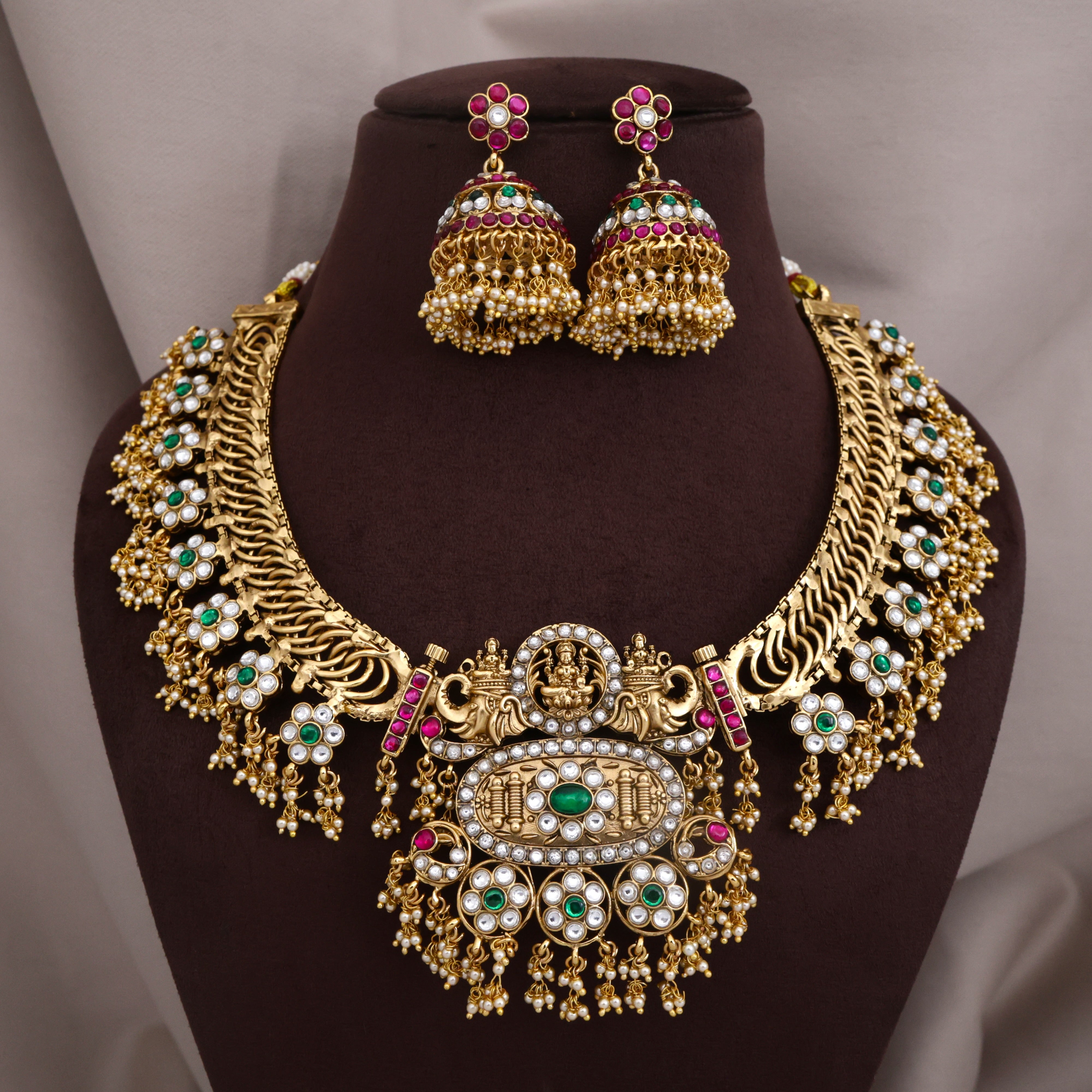 Premium Antique Kemp Kundan 4 in 1 Lakshmi Bridal Necklace Set