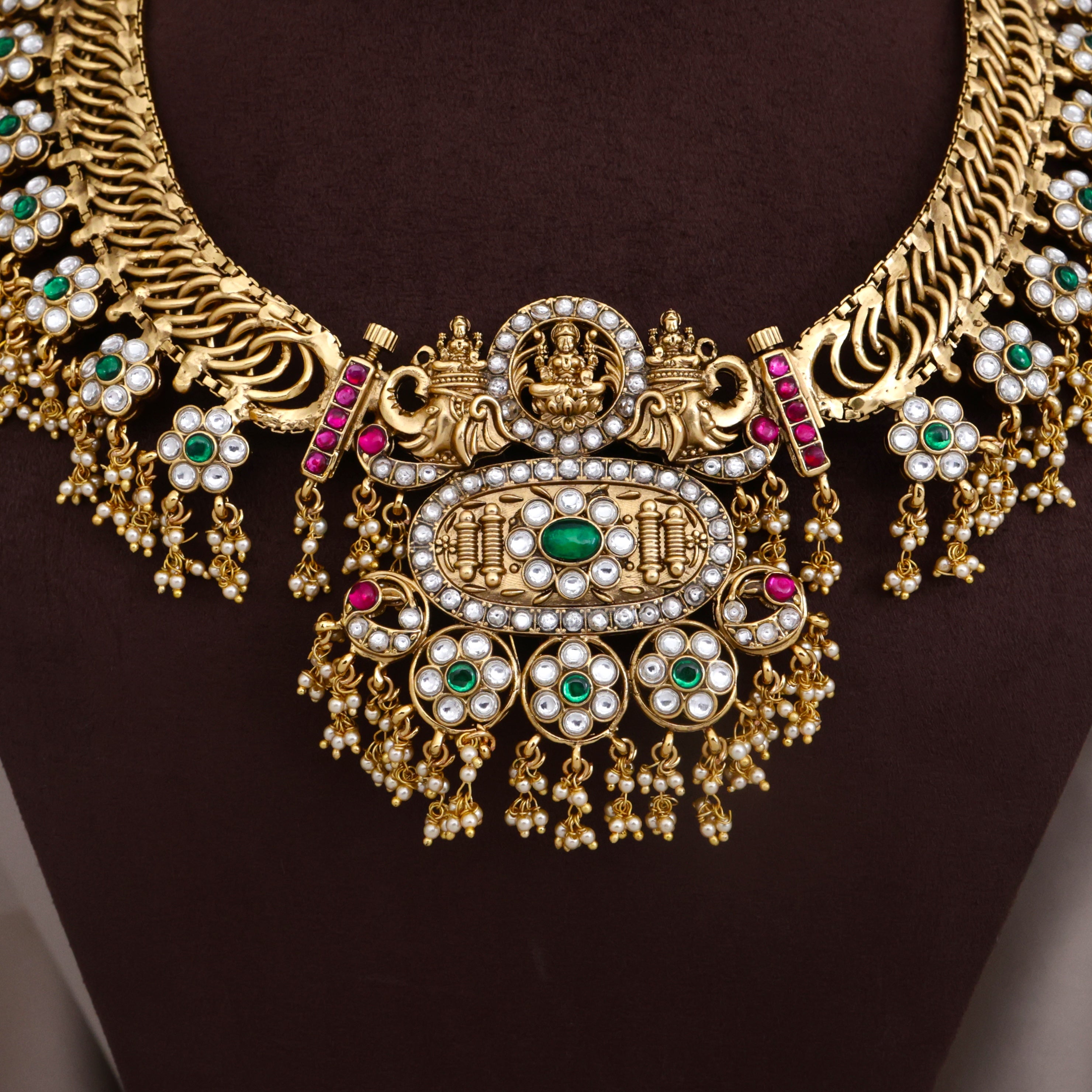 Premium Antique Kemp Kundan 4 in 1 Lakshmi Bridal Necklace Set