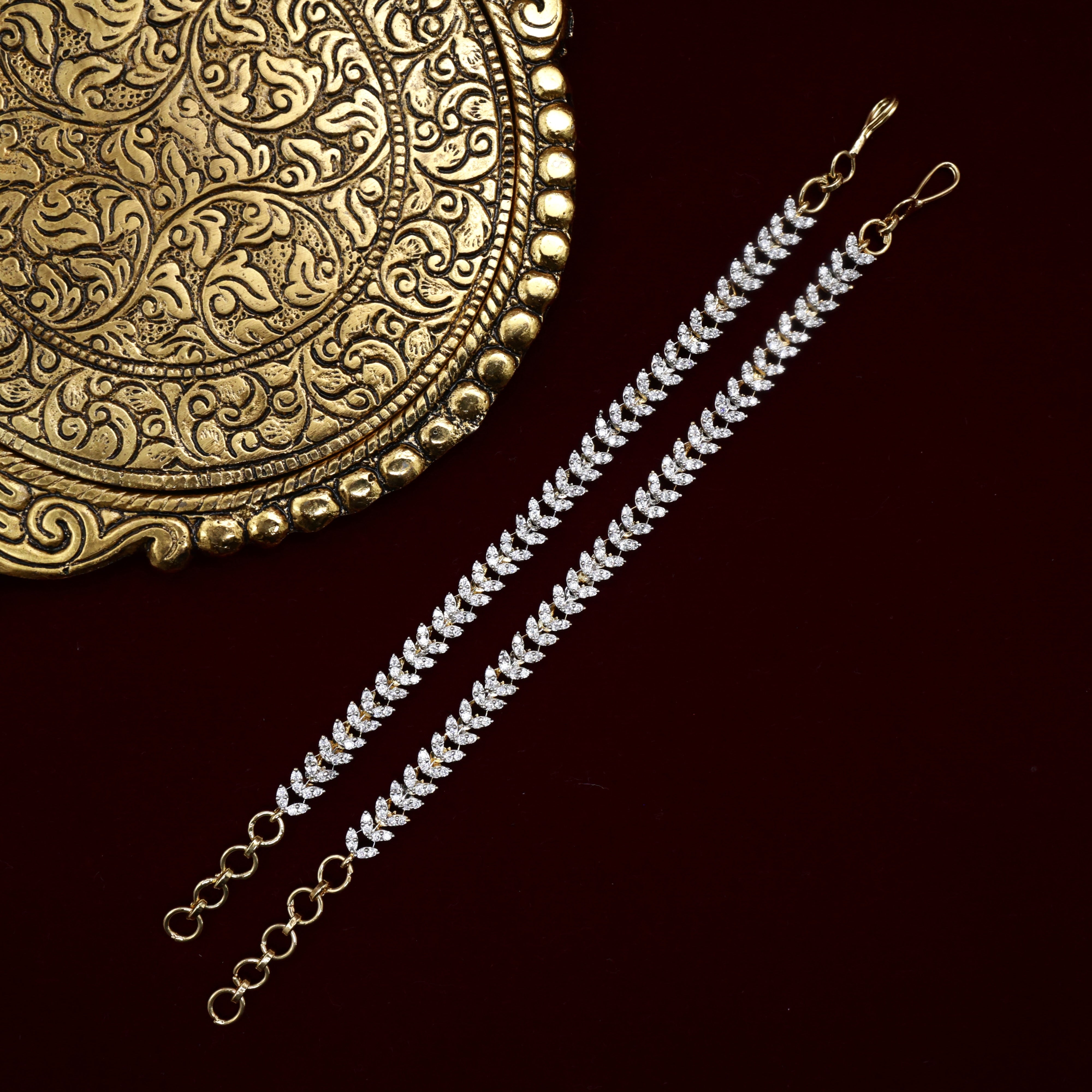 Diamond Look Double Leaf Drops Bridal Ear Chain/Maatal