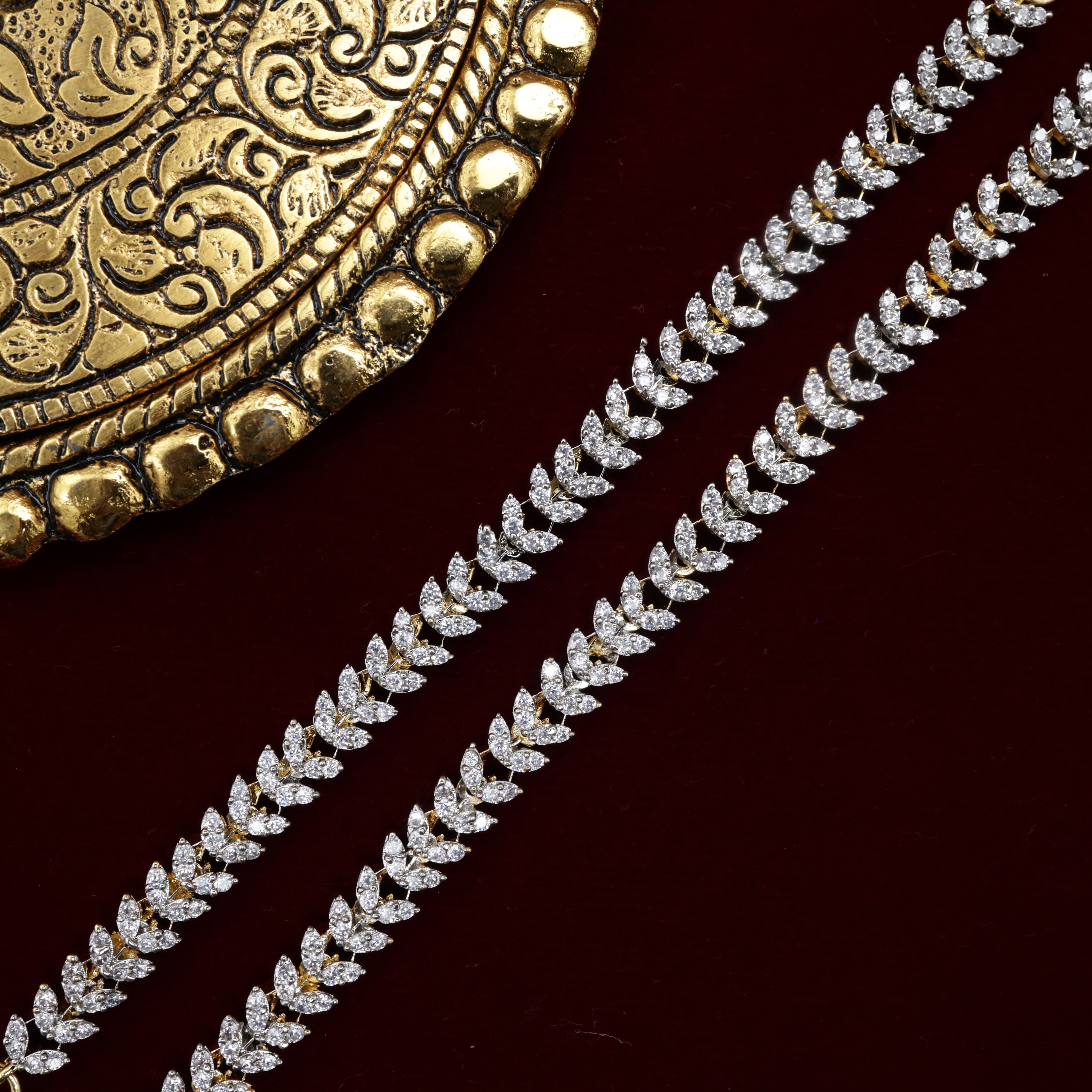 Diamond Look Double Leaf Drops Bridal Ear Chain/Maatal