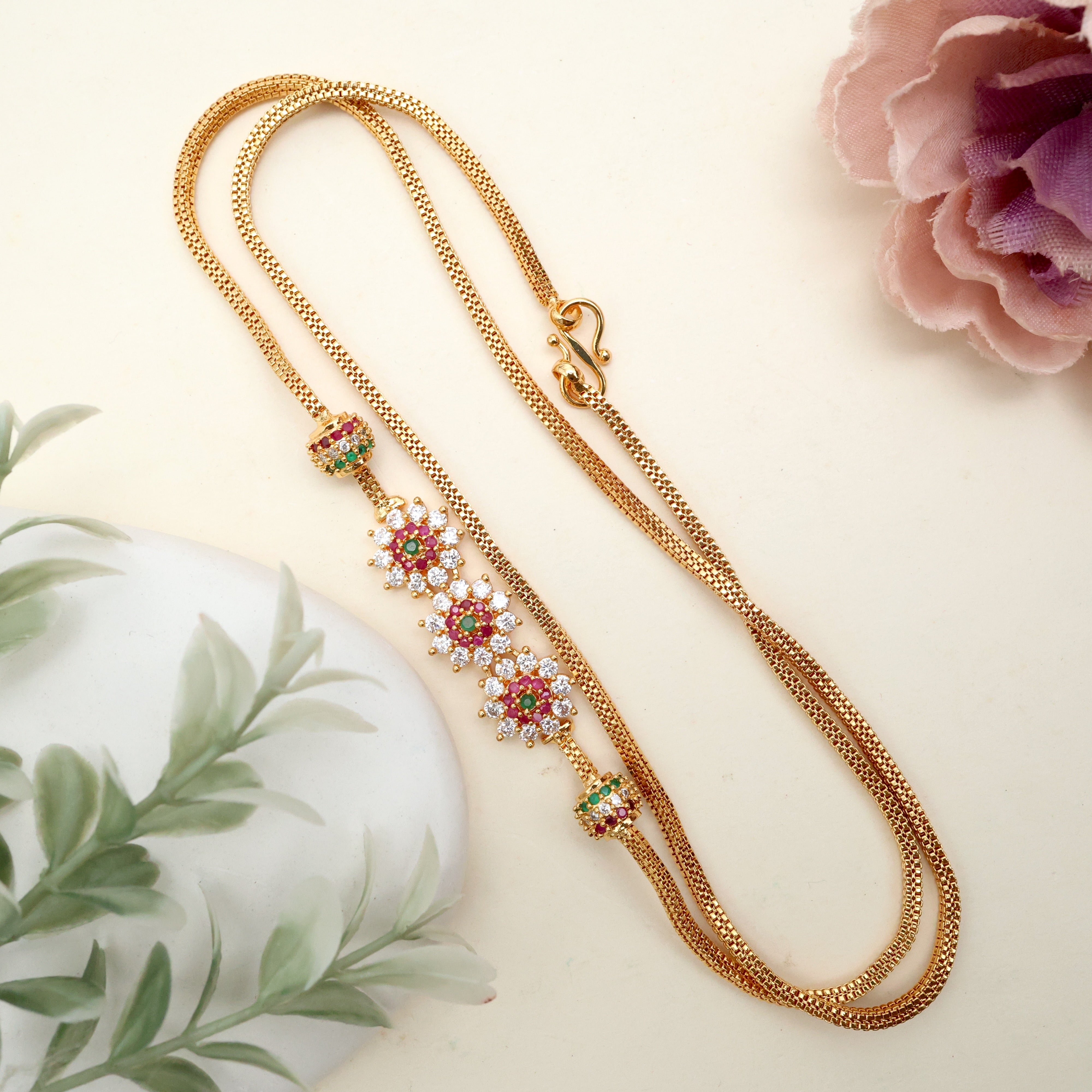 Diamond Look Real Gold Tone Mogappu Chain - Two Colours Available