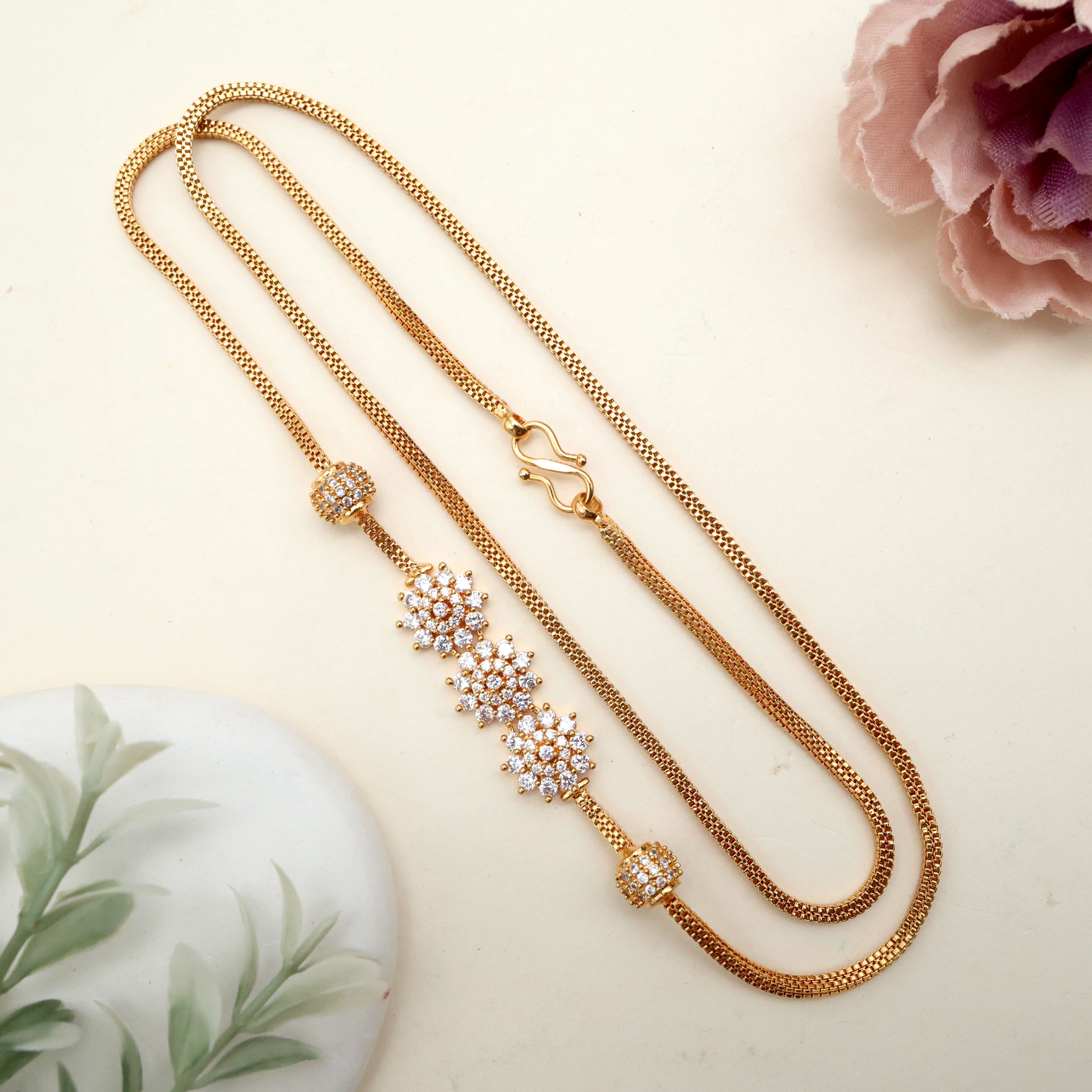 Diamond Look Real Gold Tone Mogappu Chain - Two Colours Available