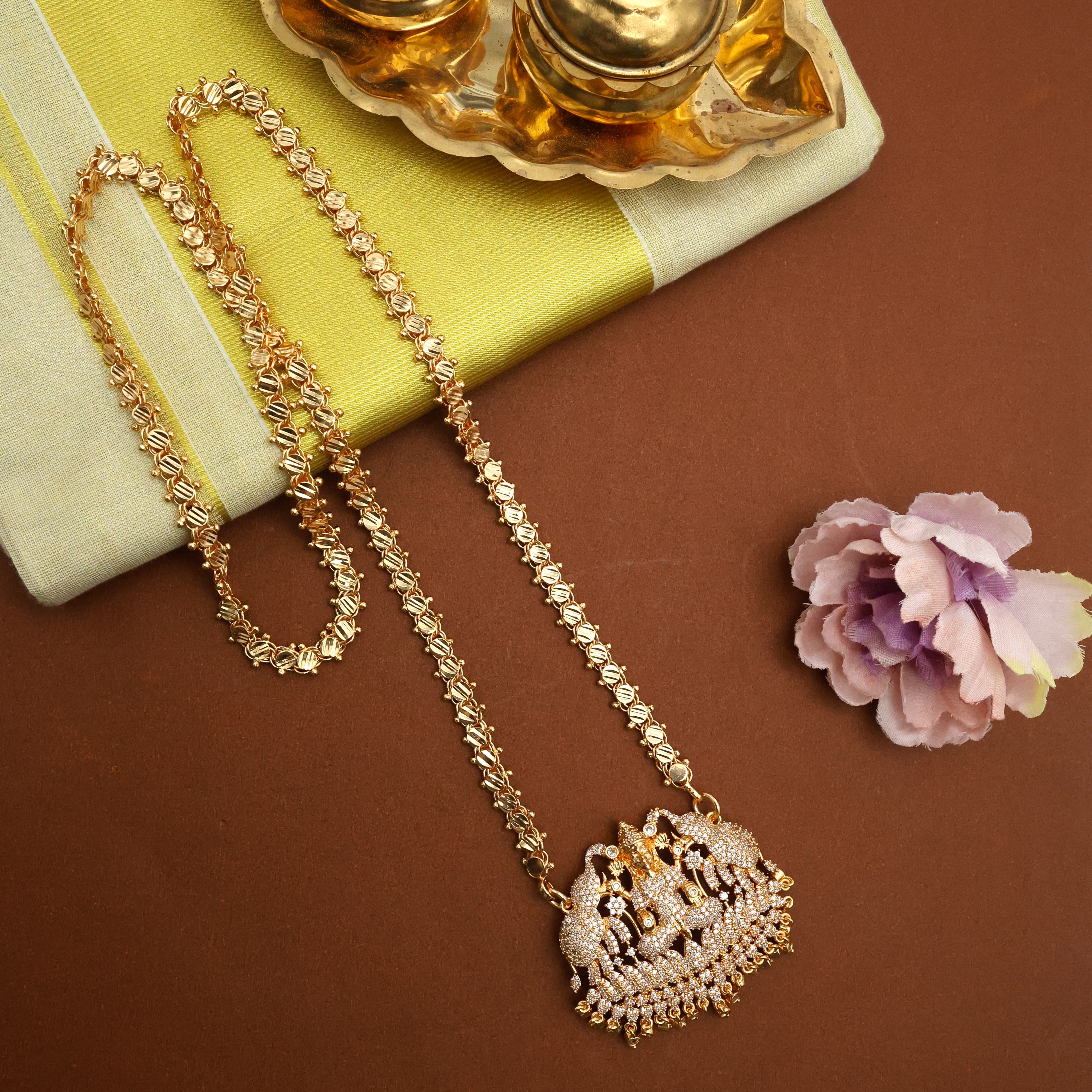 Real Gold Look Traditional Long Lakshmi Pendant Chain - Full White Stones - 30 inches Long