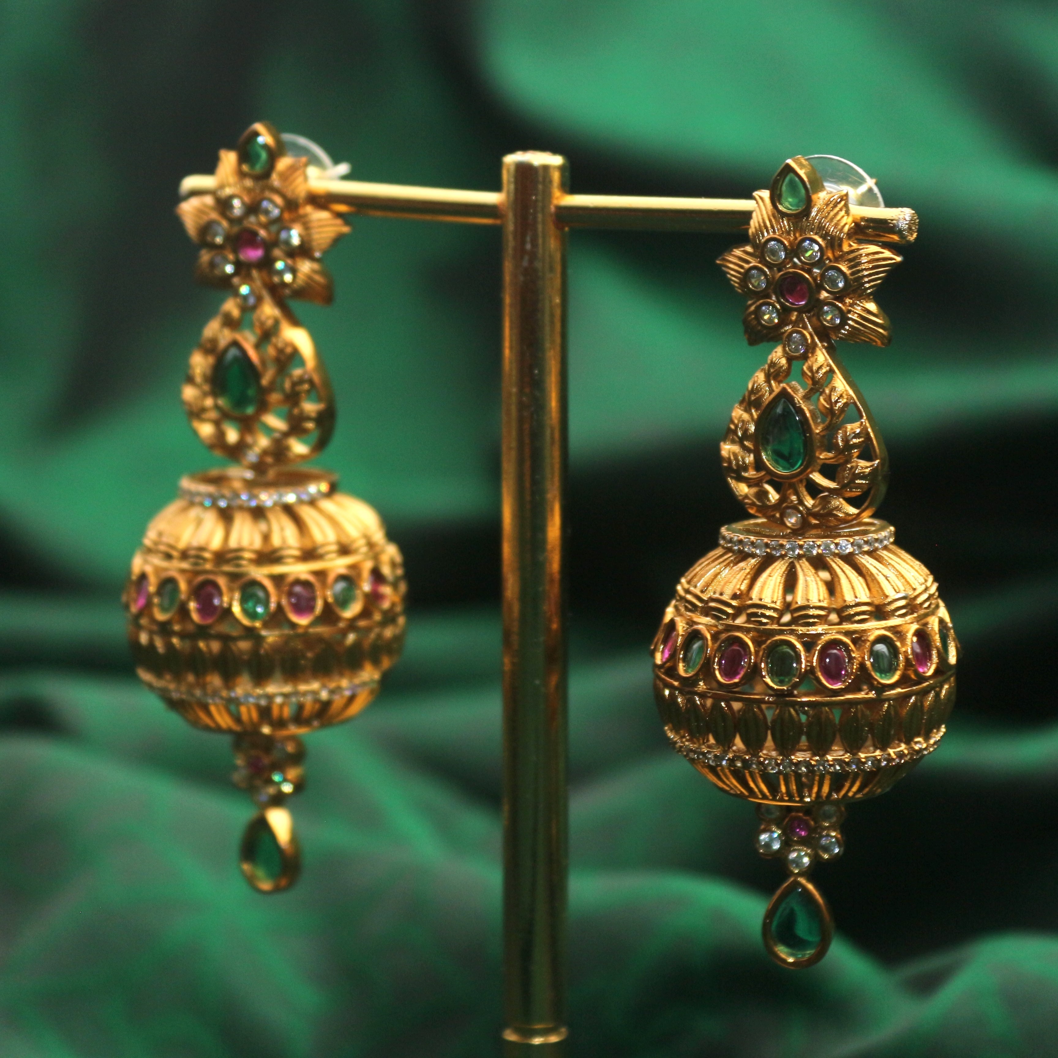 Antique Gold AD Kemp Long Kundalam Earrings