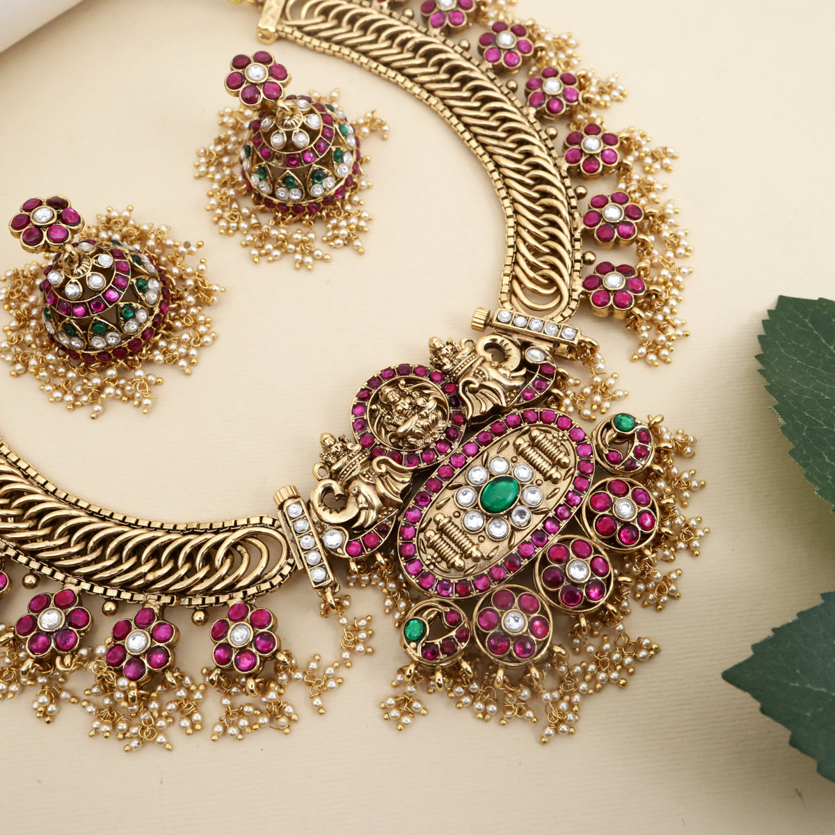 Premium Antique Kemp Kundan 4 in 1 Lakshmi Bridal Necklace Set