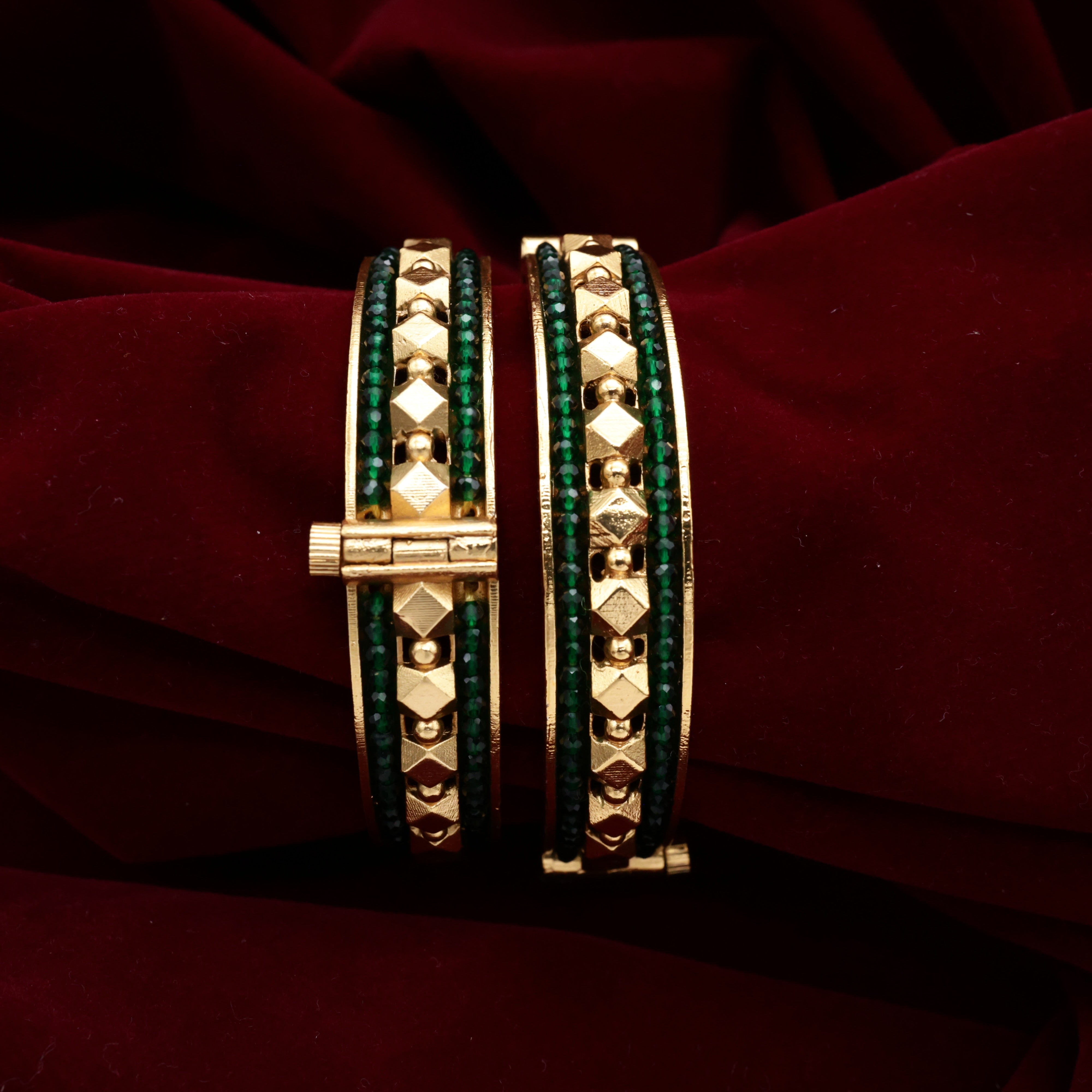 Antique Gold Thick Beads Border Gold Balls Openable Kada Bangles - Dark Green