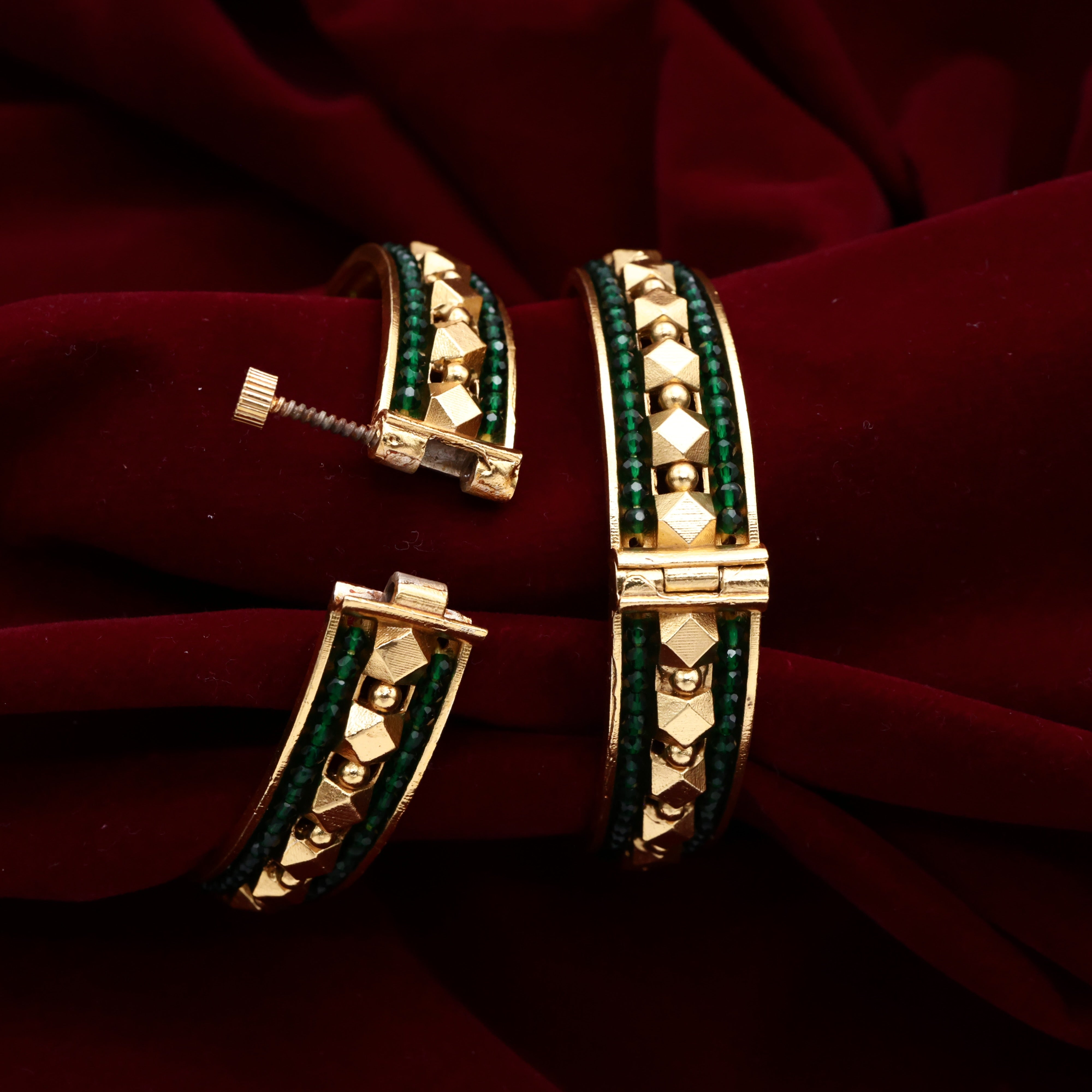 Antique Gold Thick Beads Border Gold Balls Openable Kada Bangles - Dark Green