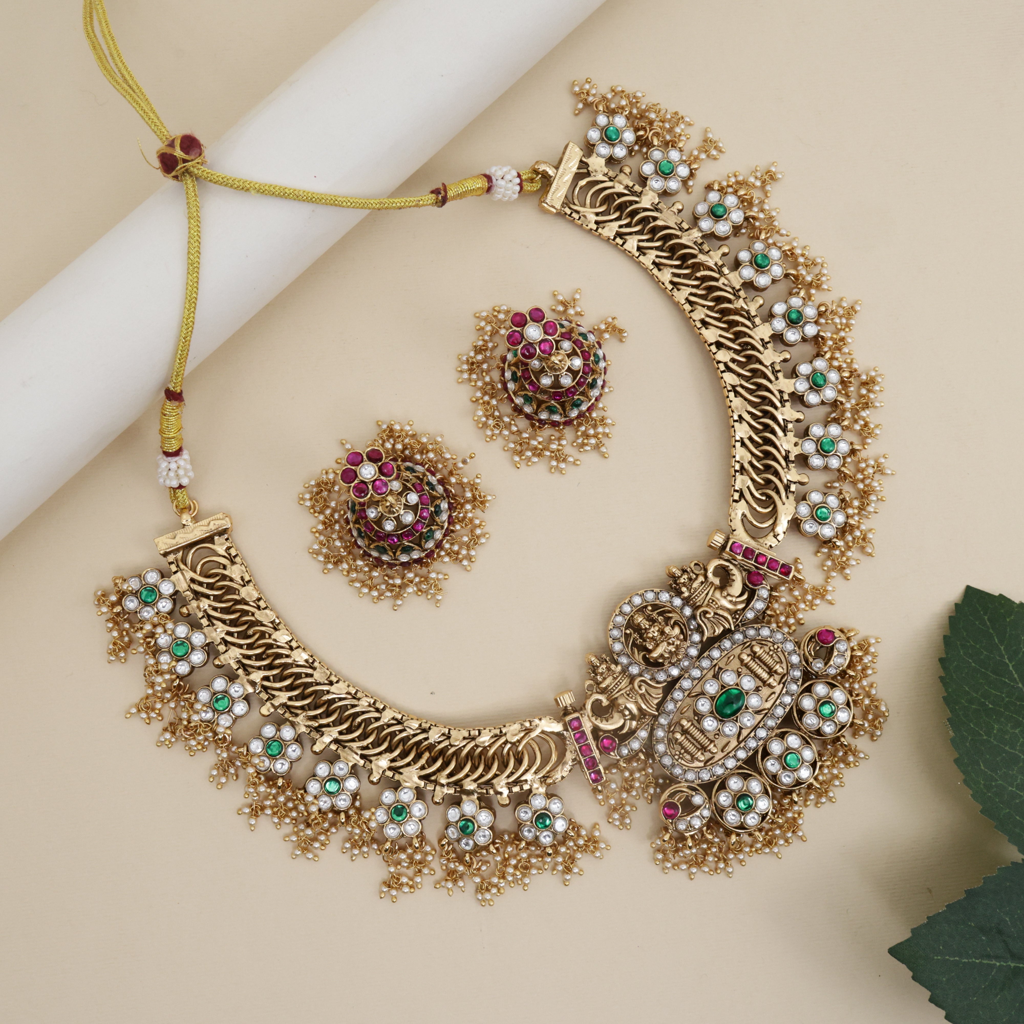 Premium Antique Kemp Kundan 4 in 1 Lakshmi Bridal Necklace Set