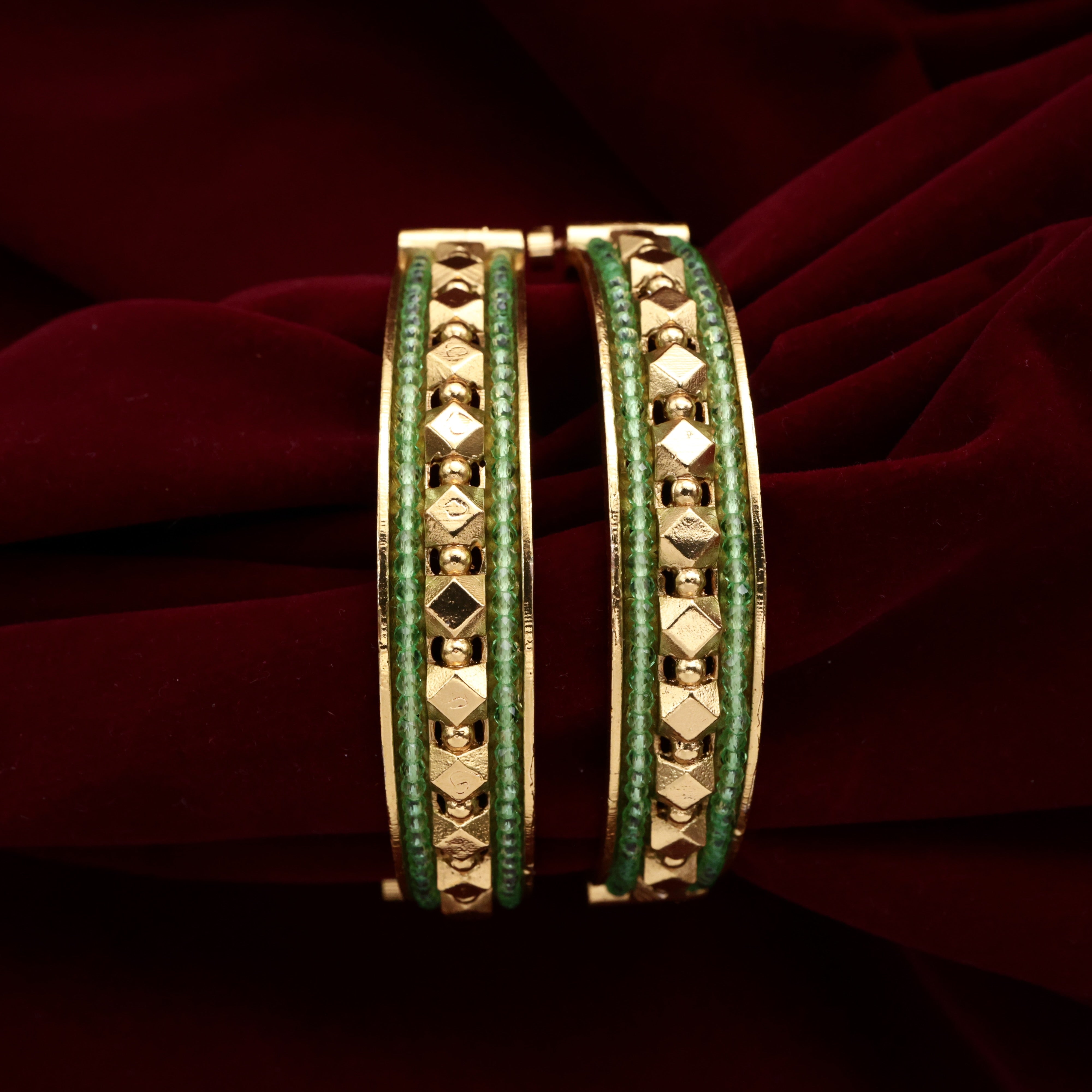 Antique Gold Thick Beads Border Gold Balls Openable Kada Bangles - Light Green