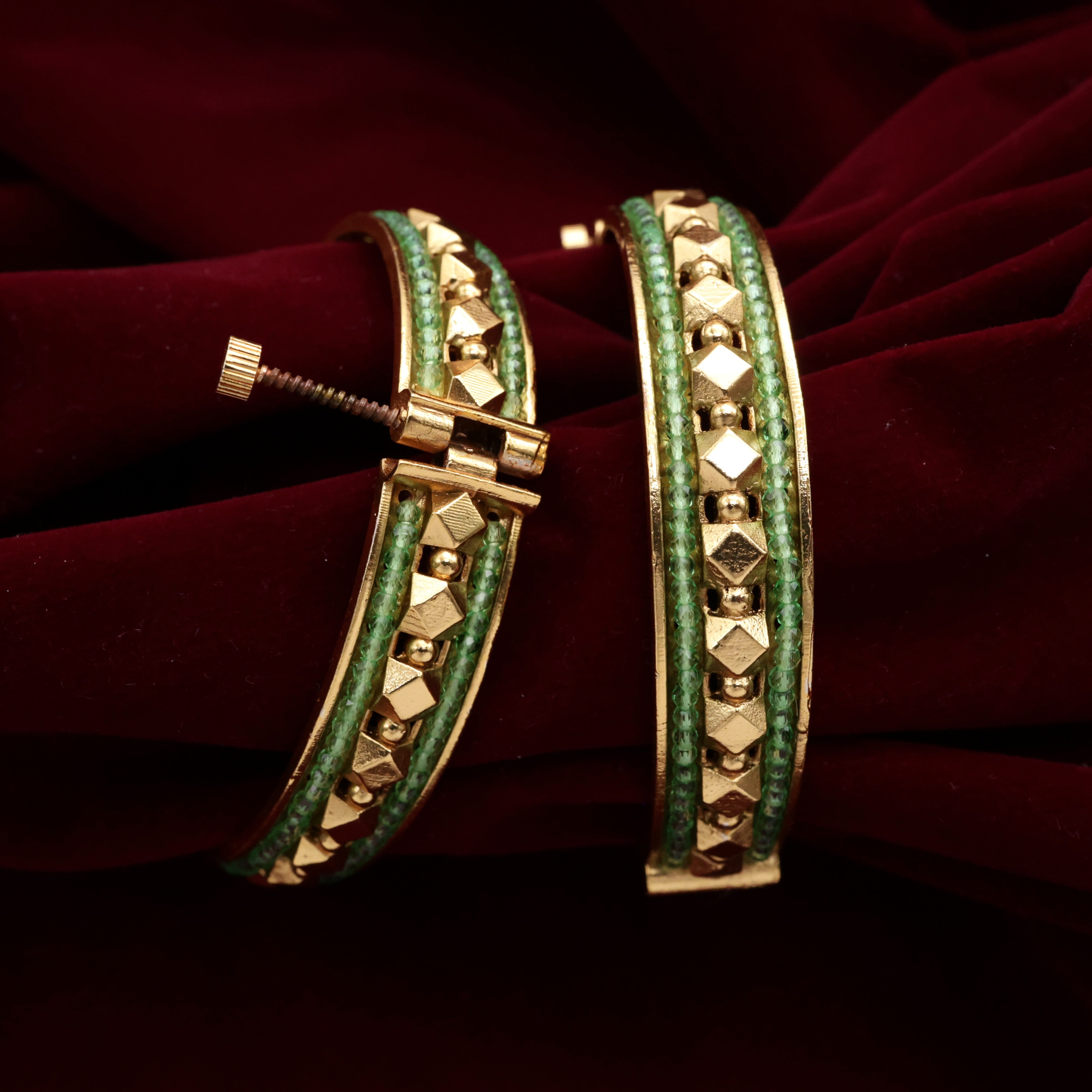 Antique Gold Thick Beads Border Gold Balls Openable Kada Bangles - Light Green