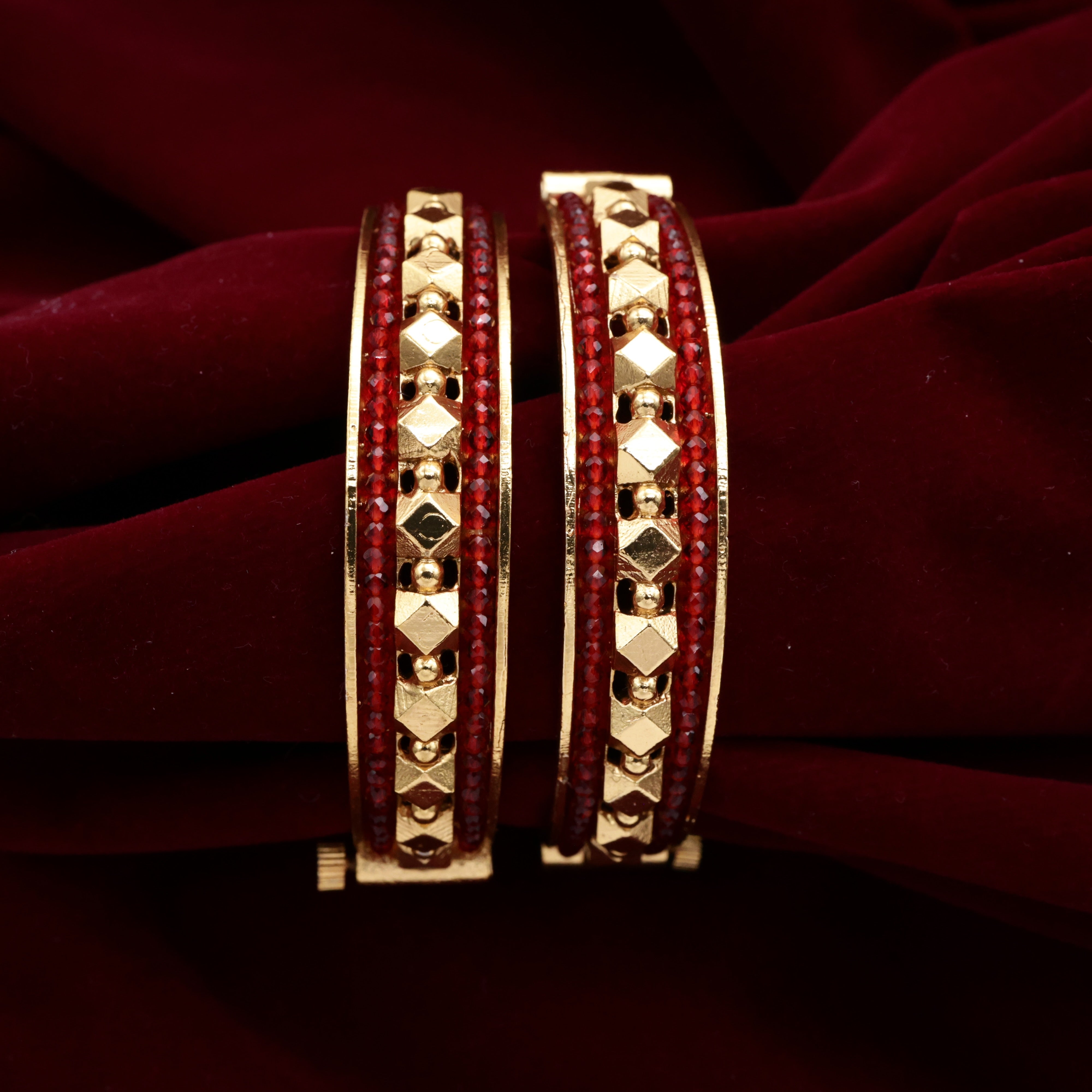 Antique Gold Thick Beads Border Gold Balls Openable Kada Bangles - Dark Red