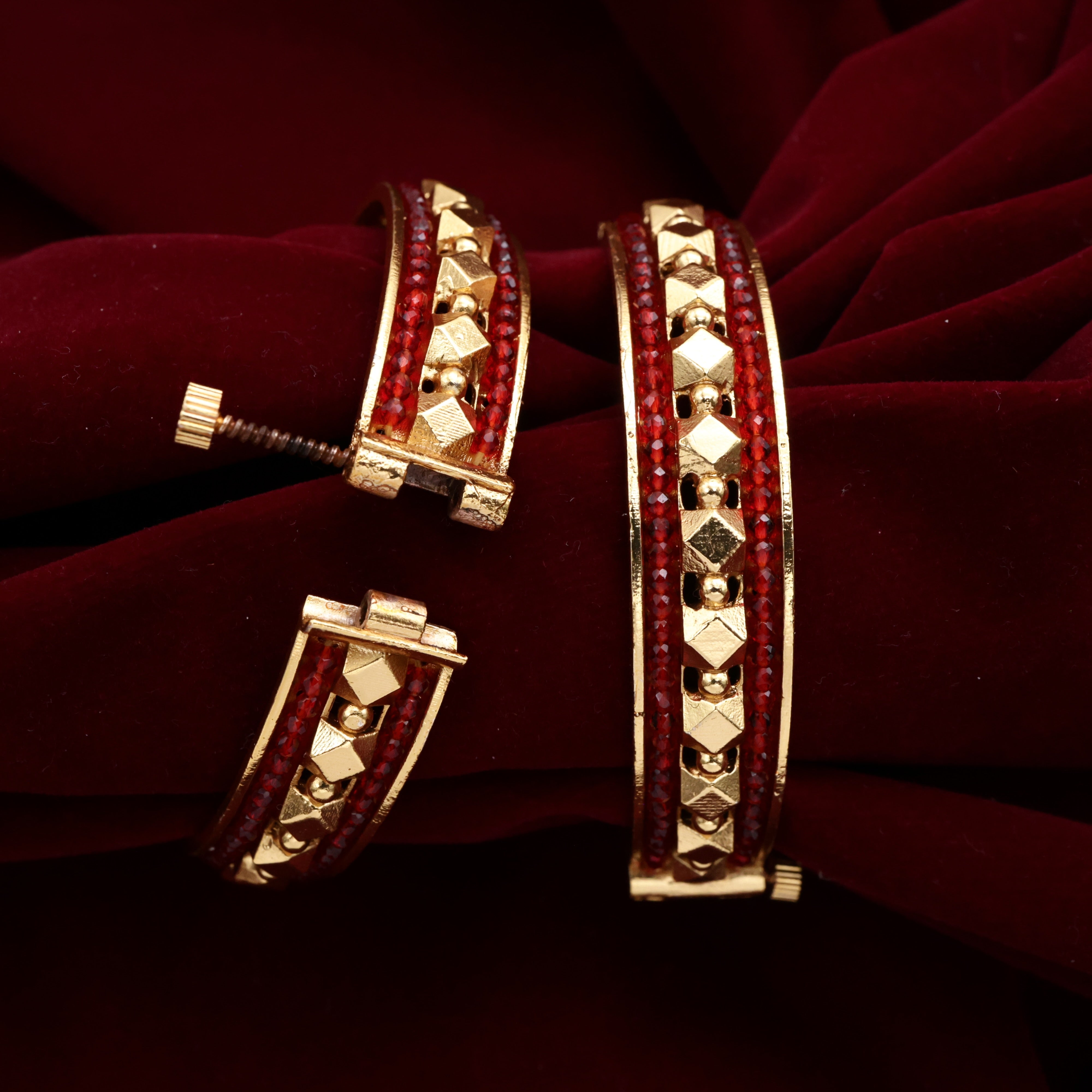 Antique Gold Thick Beads Border Gold Balls Openable Kada Bangles - Dark Red