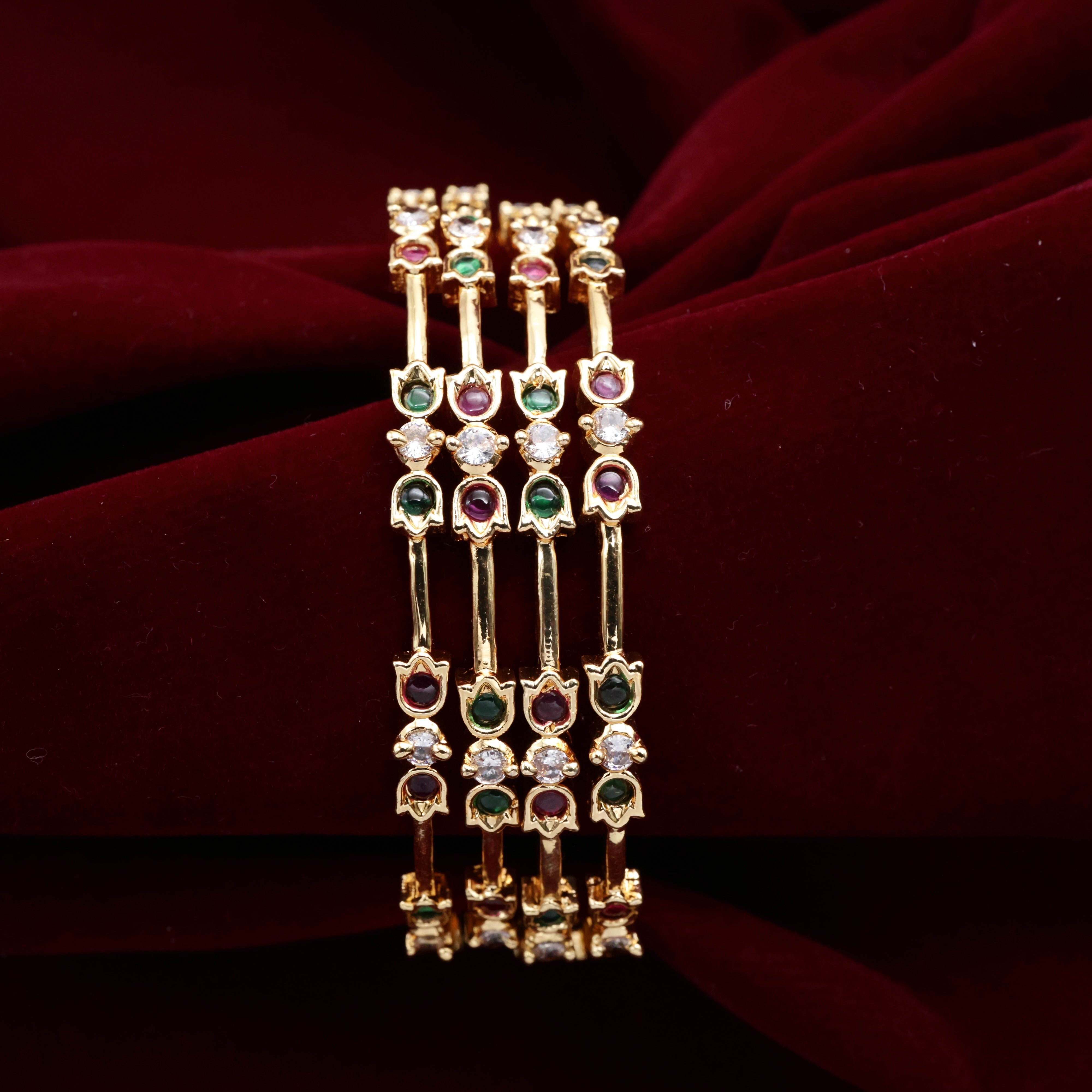 Real Gold Tone AD Rose Bud Set of 4 Bangles