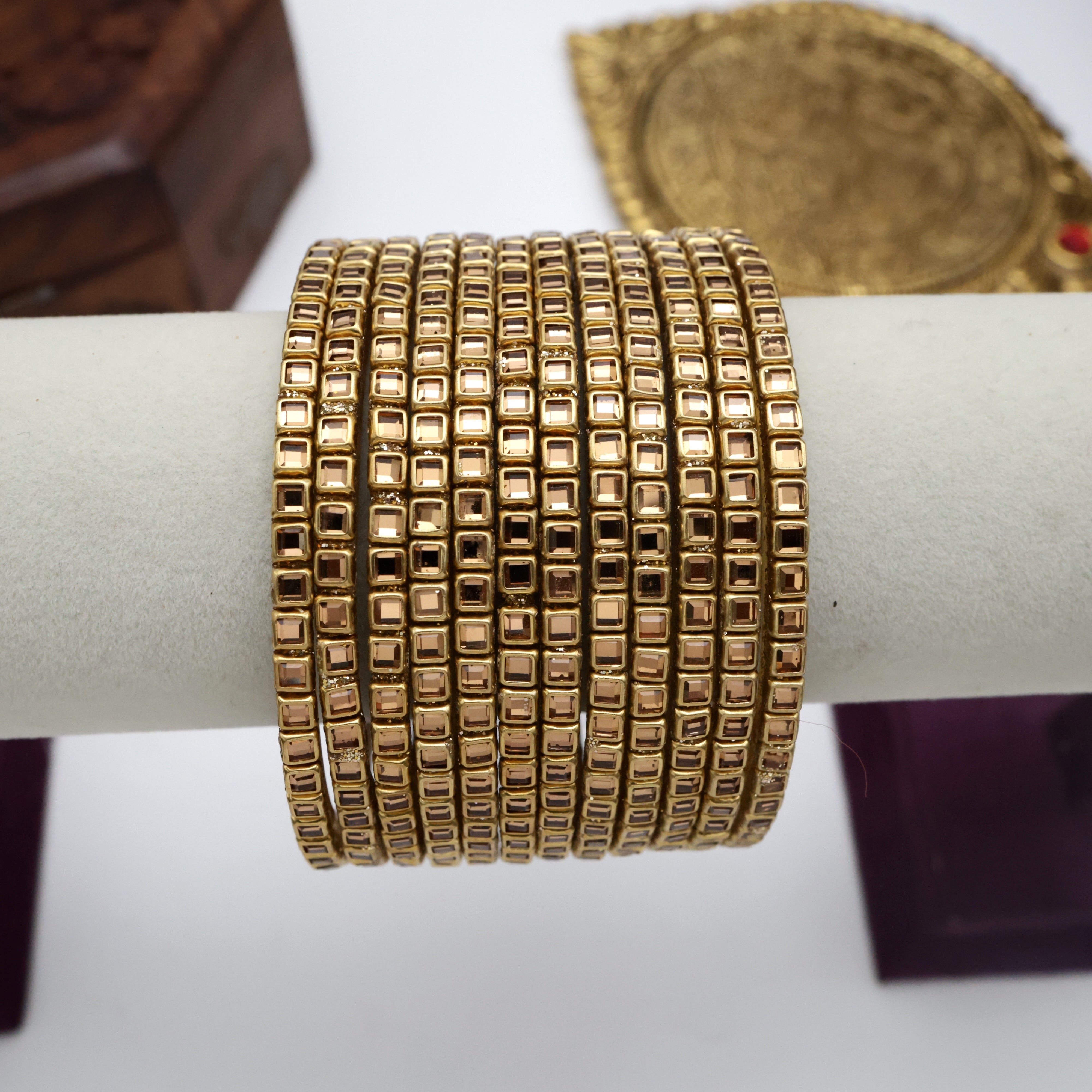 Premium Kundan Stone Glass Bangles - Gold (One Dozen)