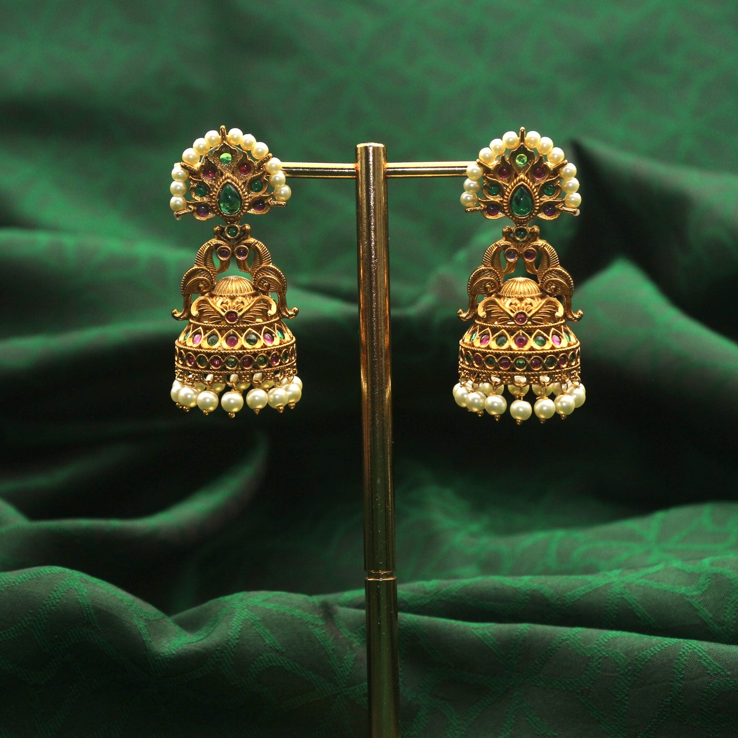 Antique Gold Rettapakshi Pearl Crown Bridal Jhumkas