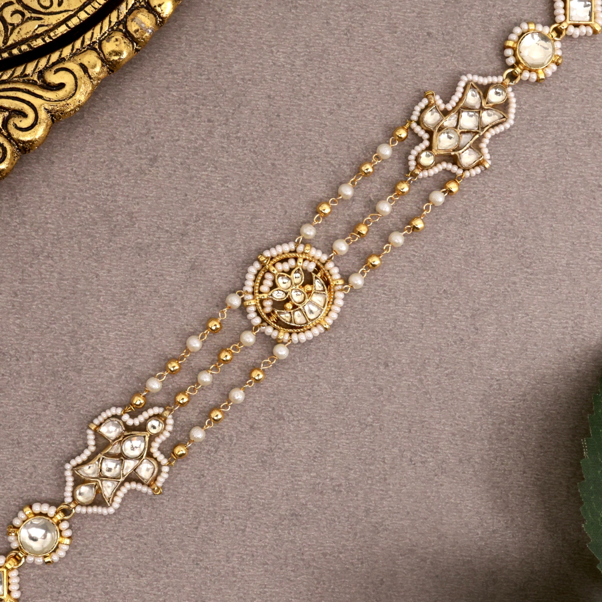 Premium Gold Tone Pachi Kundan Two In One Sheeshpool/Mathapatti Choker Set - Fish & Lotus