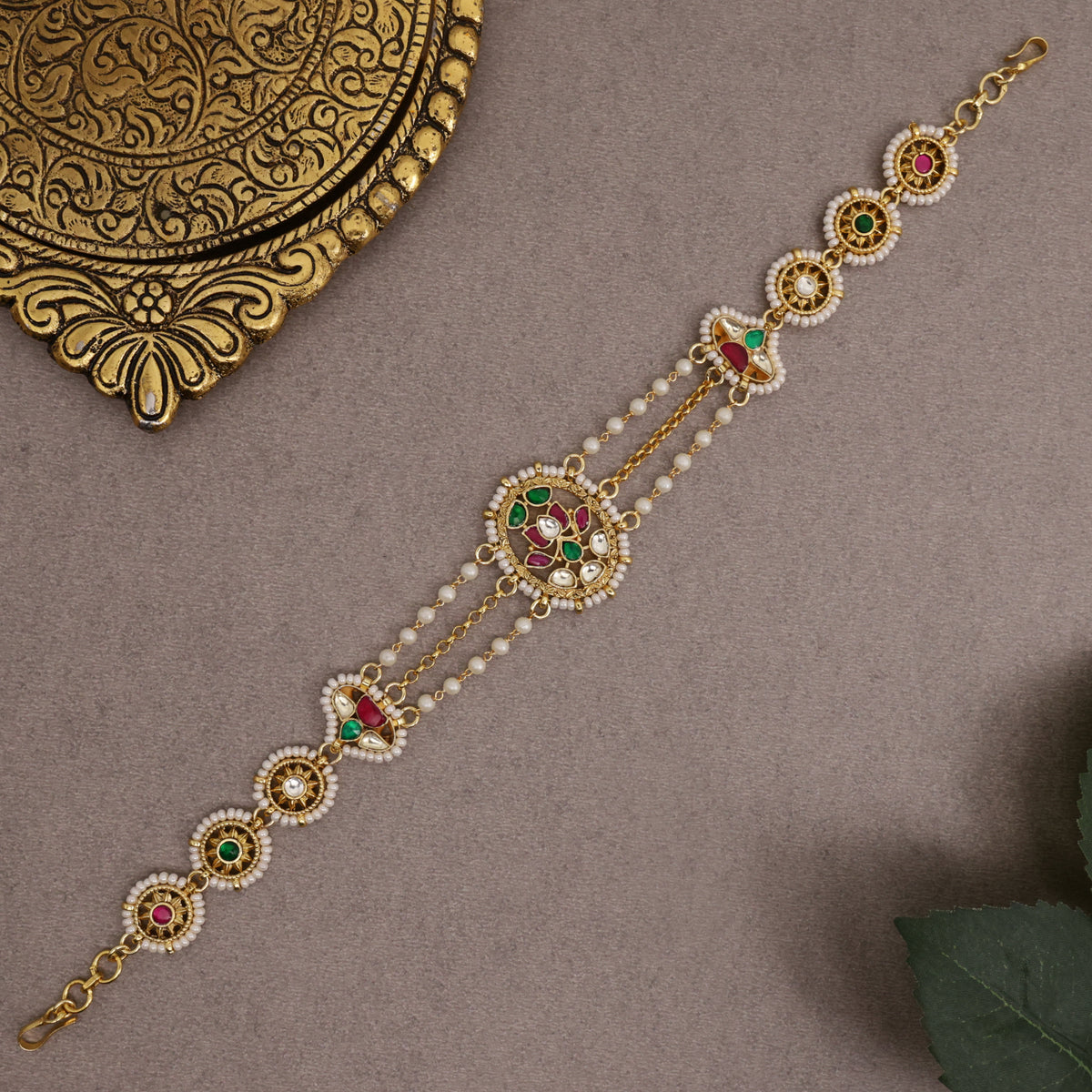 Premium Gold Tone Pachi Kundan Two In One Sheeshpool/Mathapatti Choker Set - Bud Bloomed Lotus