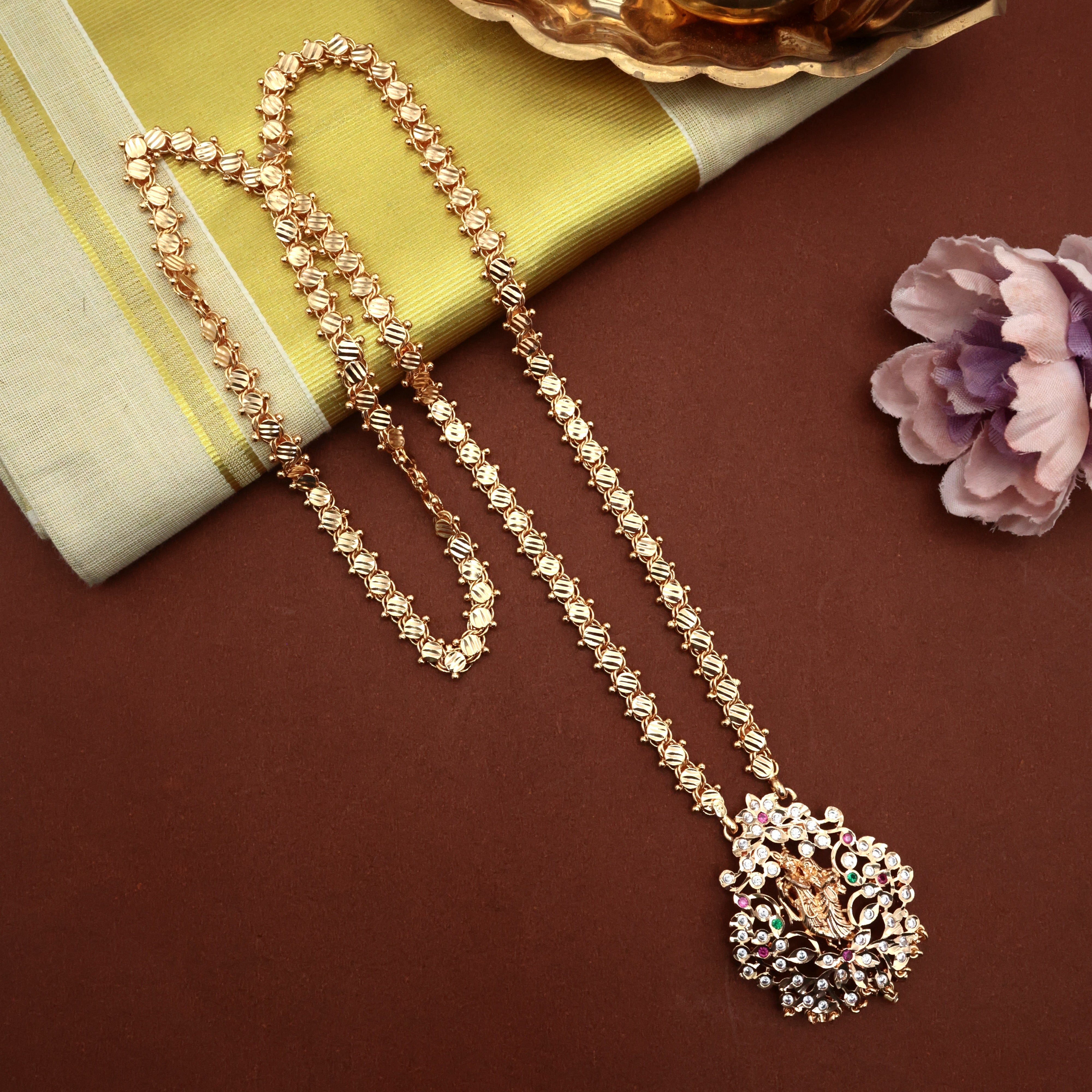 Real Gold Tone Long Traditional Radhe Krishna Pendant Chain - 30 Inches Long