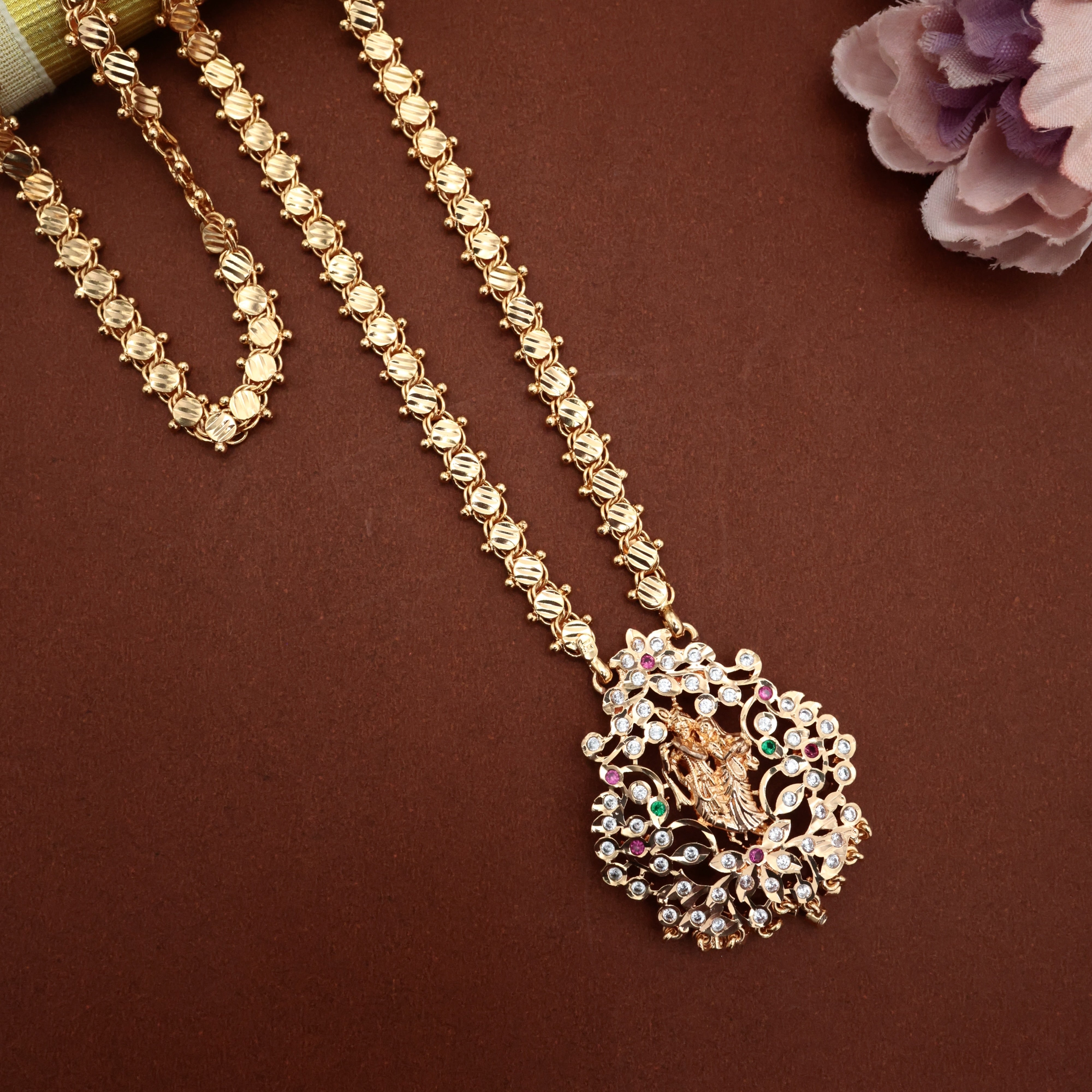 Real Gold Tone Long Traditional Radhe Krishna Pendant Chain - 30 Inches Long