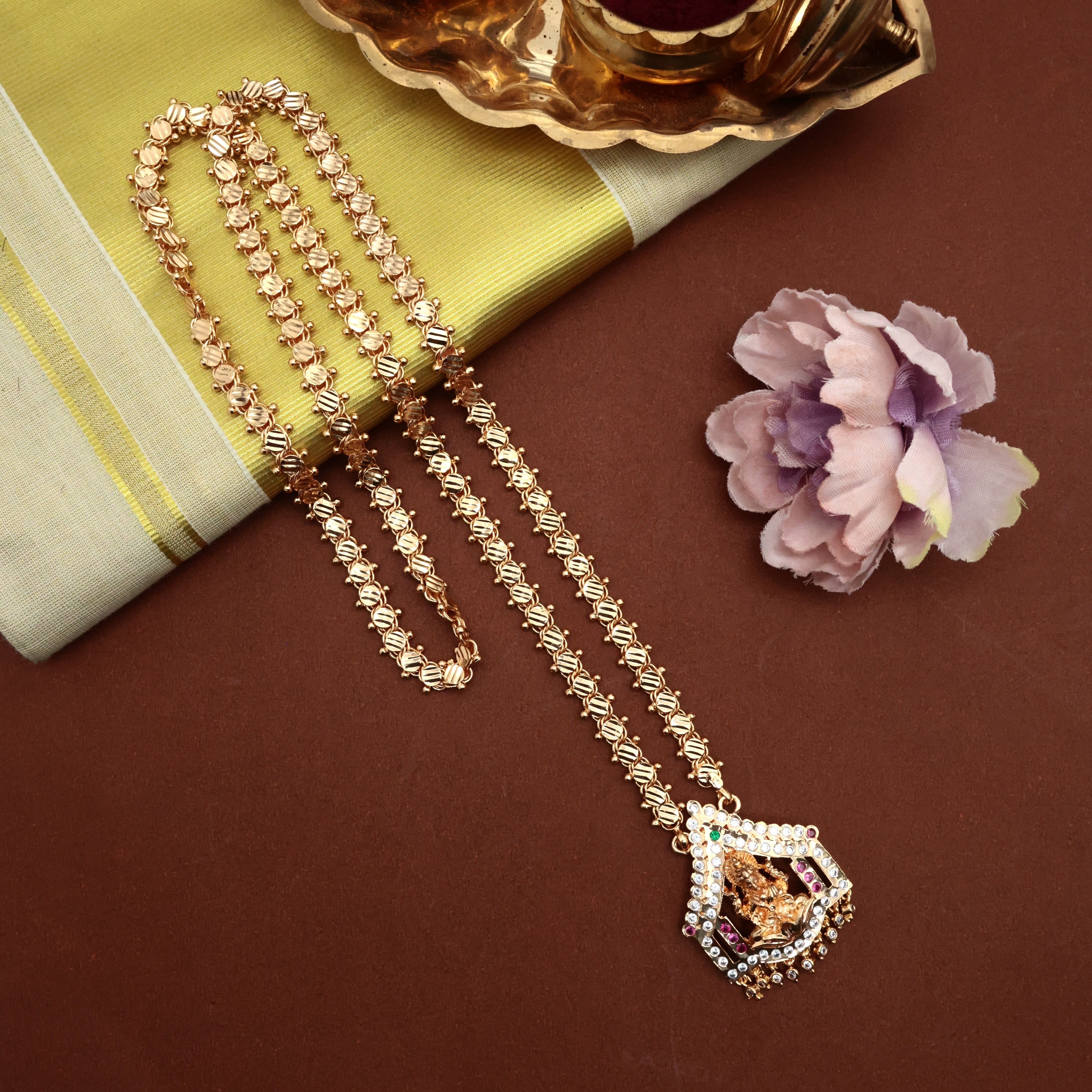 Real Gold Tone Long Traditional Lakshmi Pendant Chain - 30 Inches Long