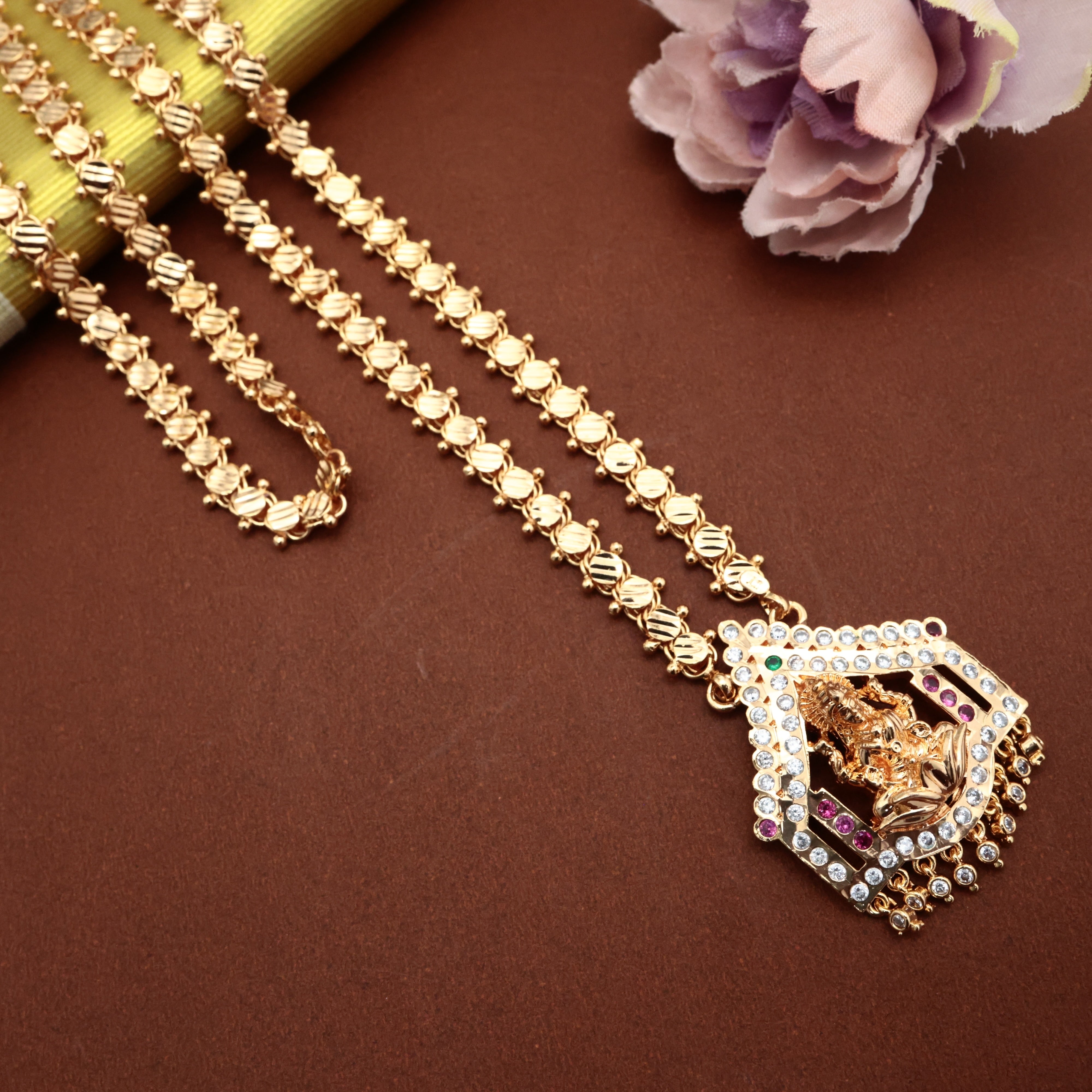 Real Gold Tone Long Traditional Lakshmi Pendant Chain - 30 Inches Long