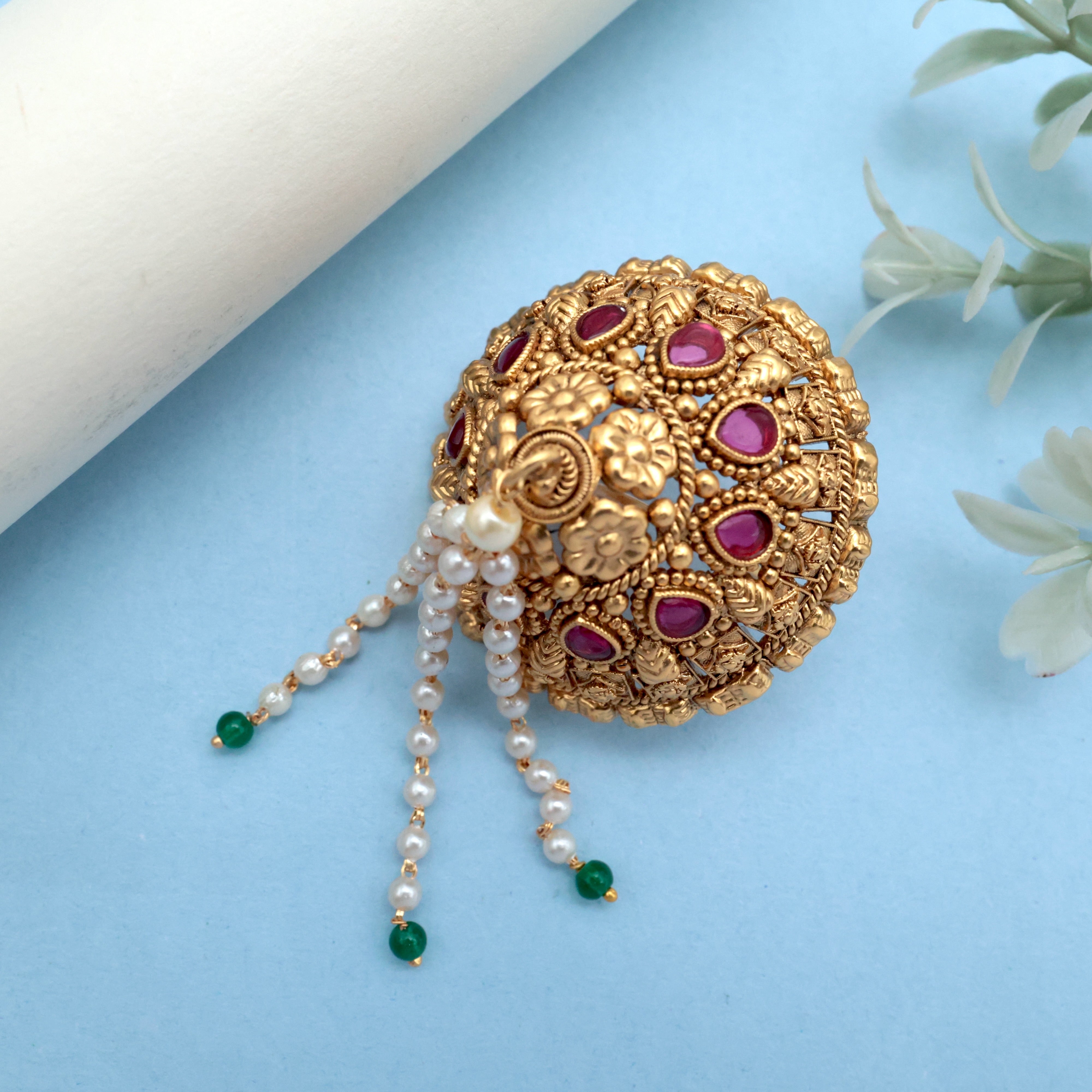 Antique Gold Premium AD Kemp Small Andal Kondai - Iyengar Bridal Hair Accessory - AK003