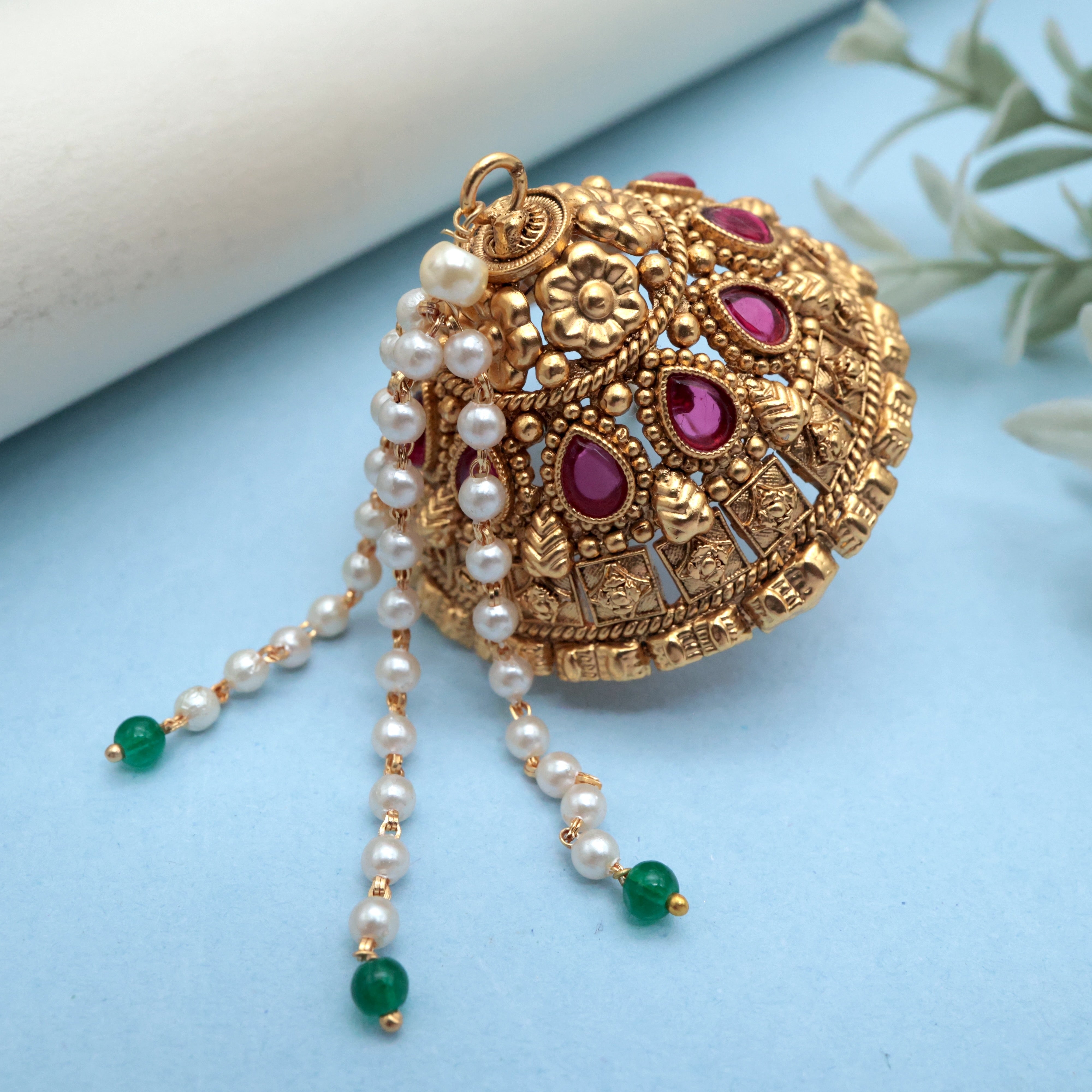 Antique Gold Premium AD Kemp Small Andal Kondai - Iyengar Bridal Hair Accessory - AK003