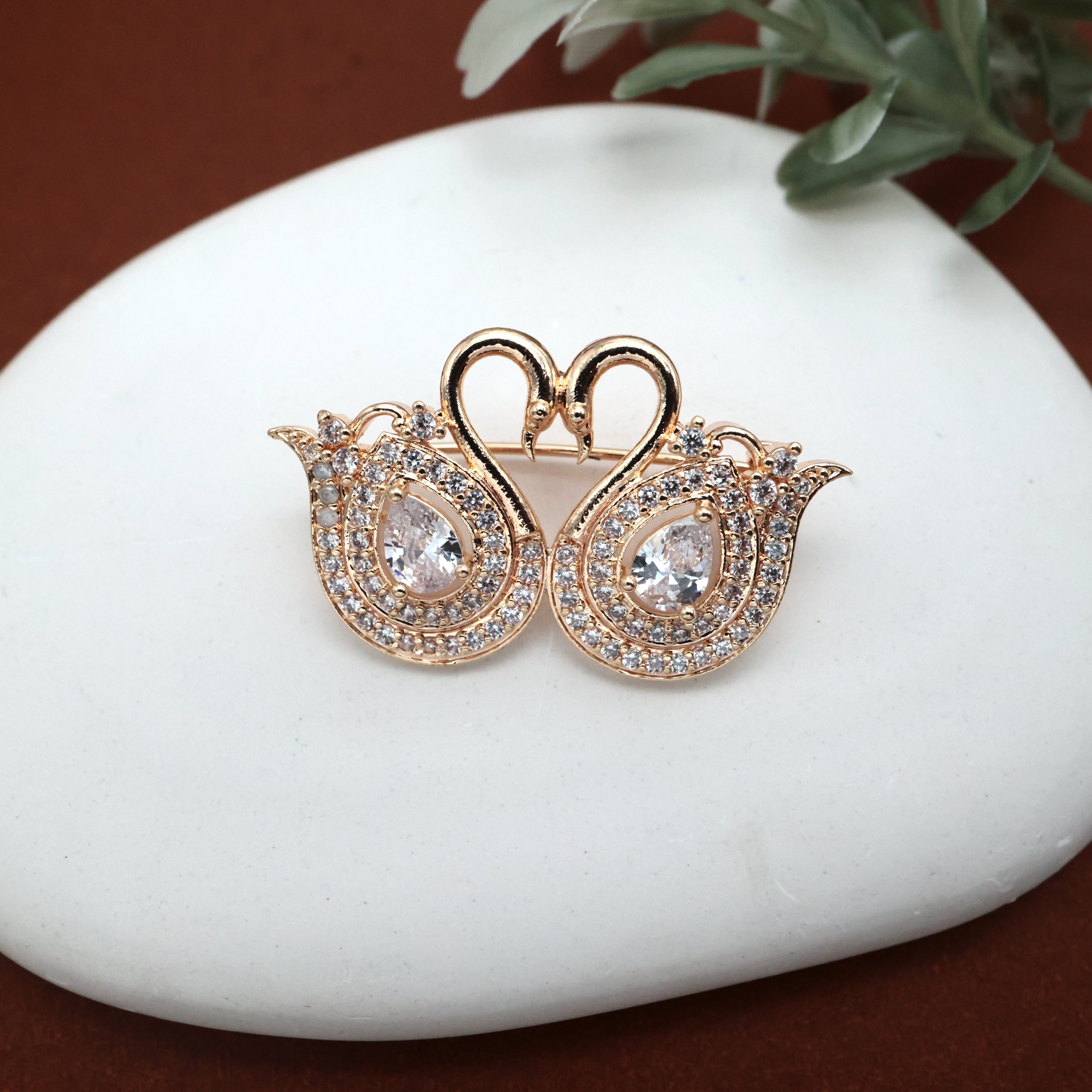 Diamond Look Rose Gold AD Swan Saree Pin / Brooch Pin