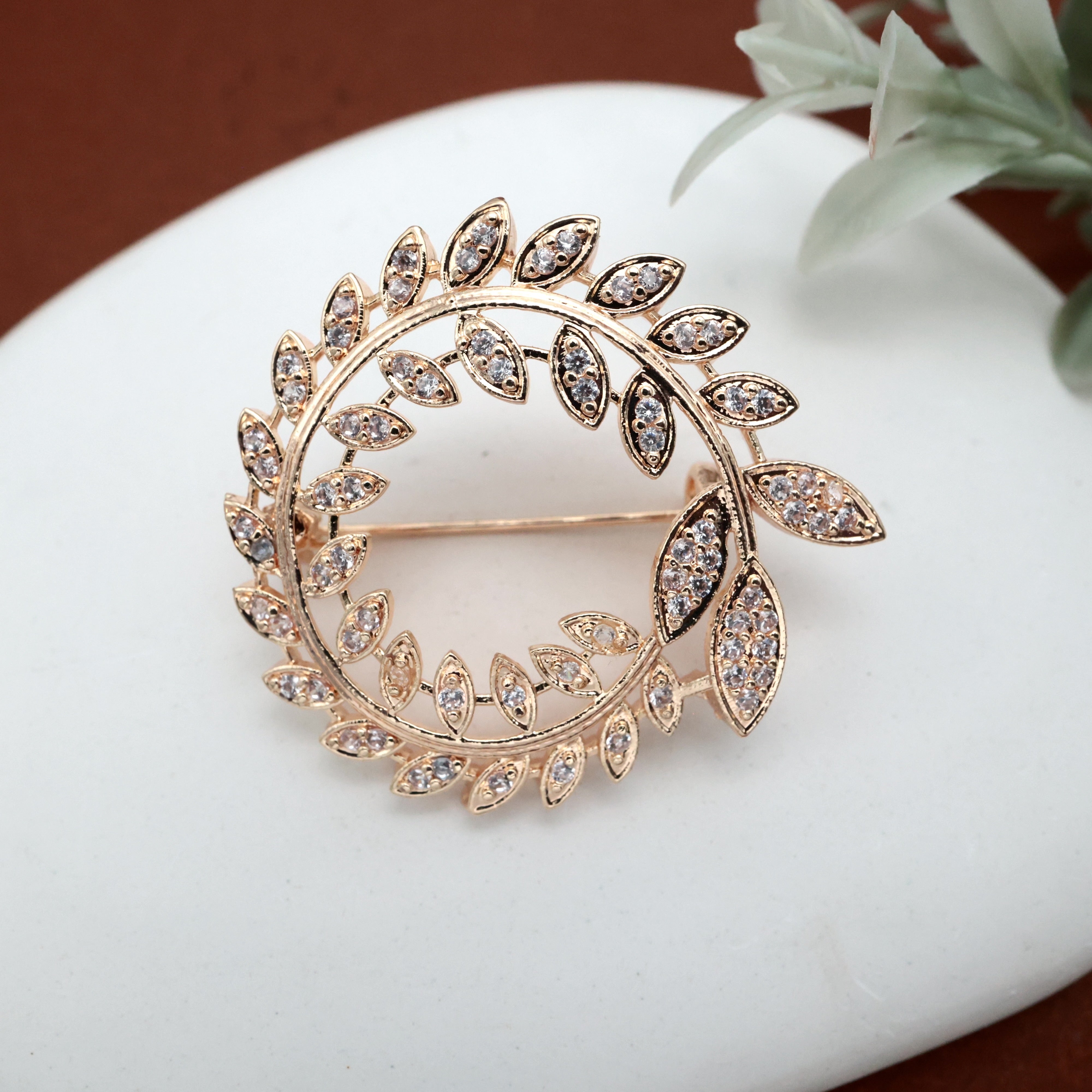 Diamond Look Rose Gold AD Round Leaf Saree Pin / Brooch Pin