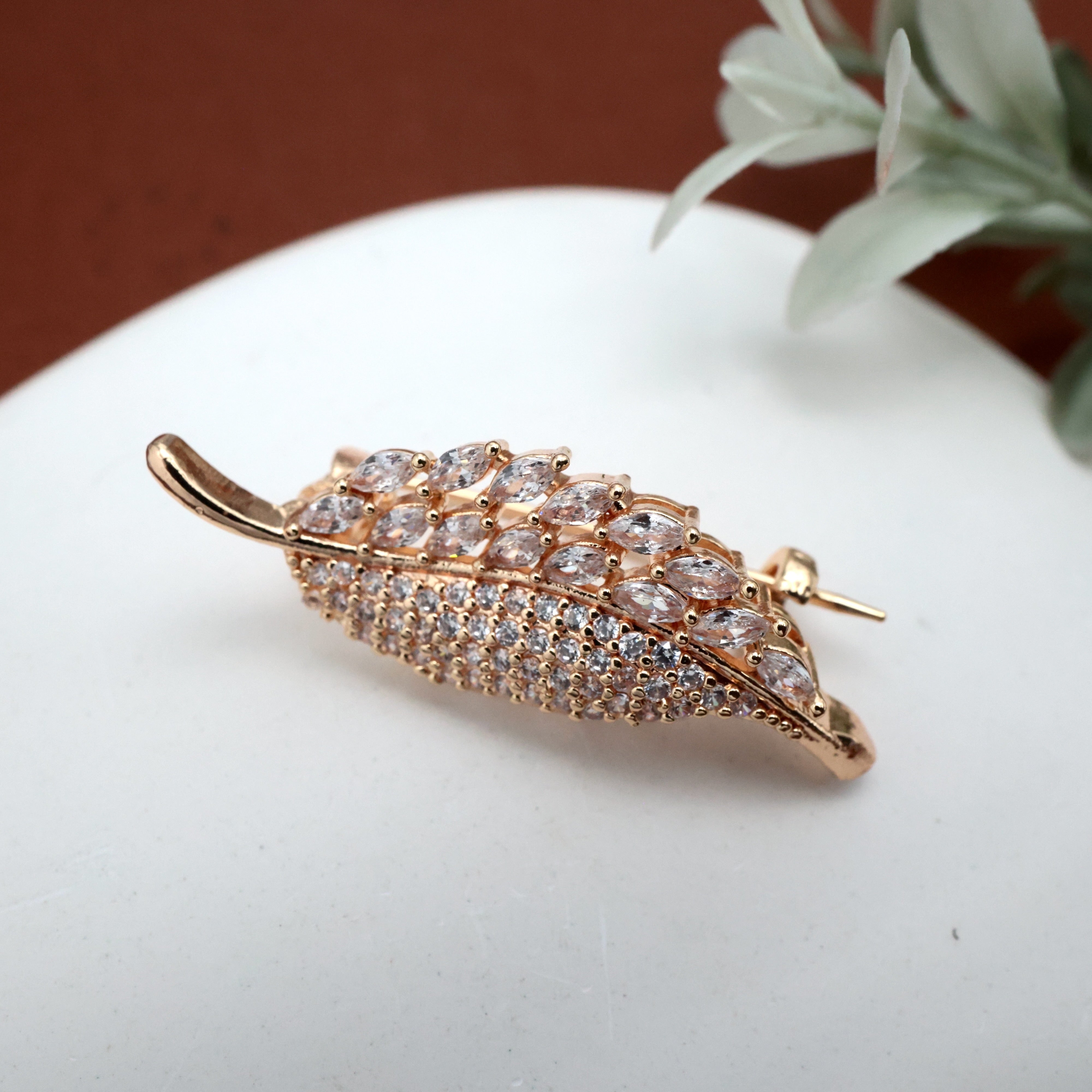 Diamond Look Rose Gold AD Leaf Saree Pin / Brooch Pin