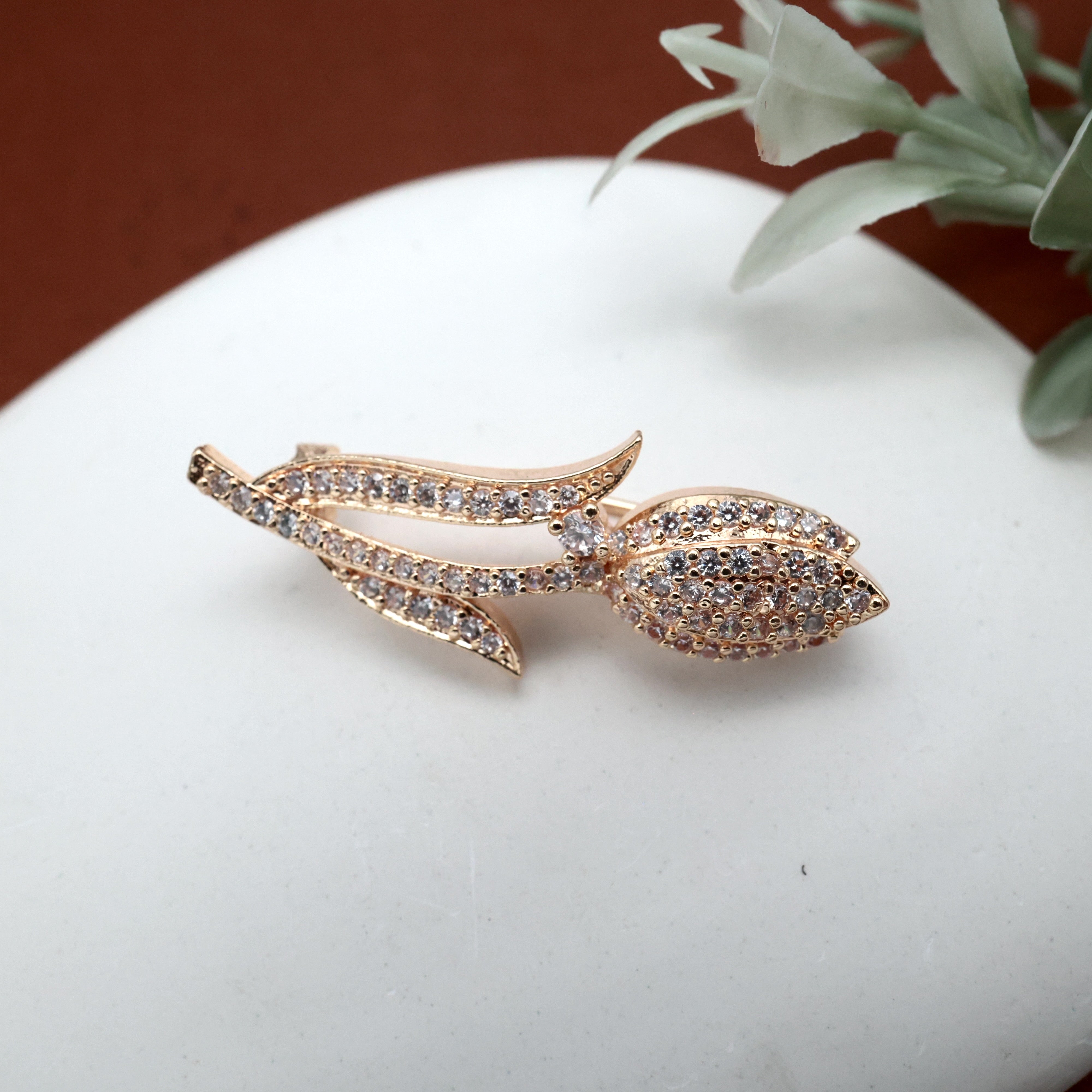 Diamond Look Rose Gold AD Tulip Saree Pin / Brooch Pin