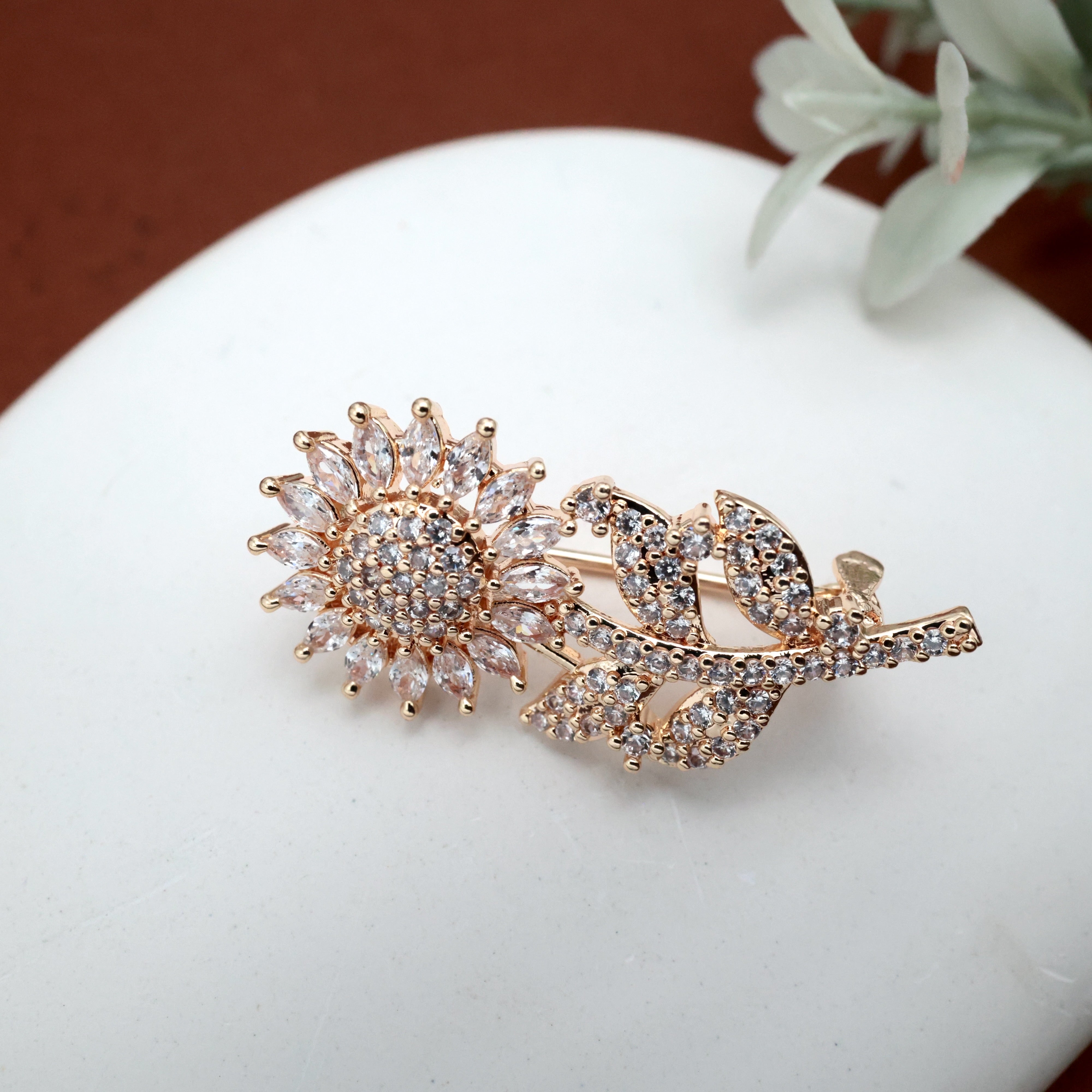 Diamond Look Rose Gold AD Sunflower Saree Pin / Brooch Pin