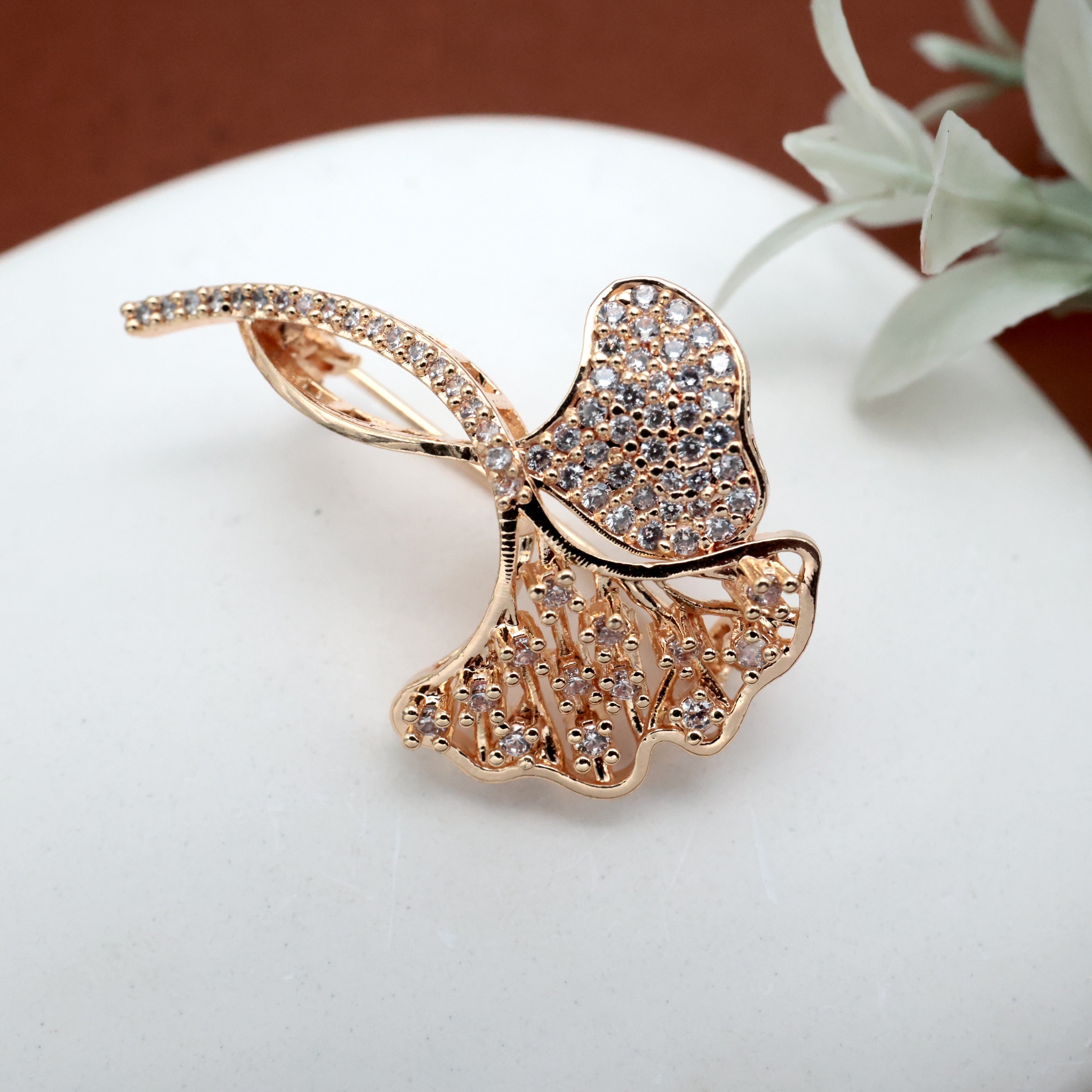 Diamond Look Rose Gold AD Flowers Saree Pin / Brooch Pin
