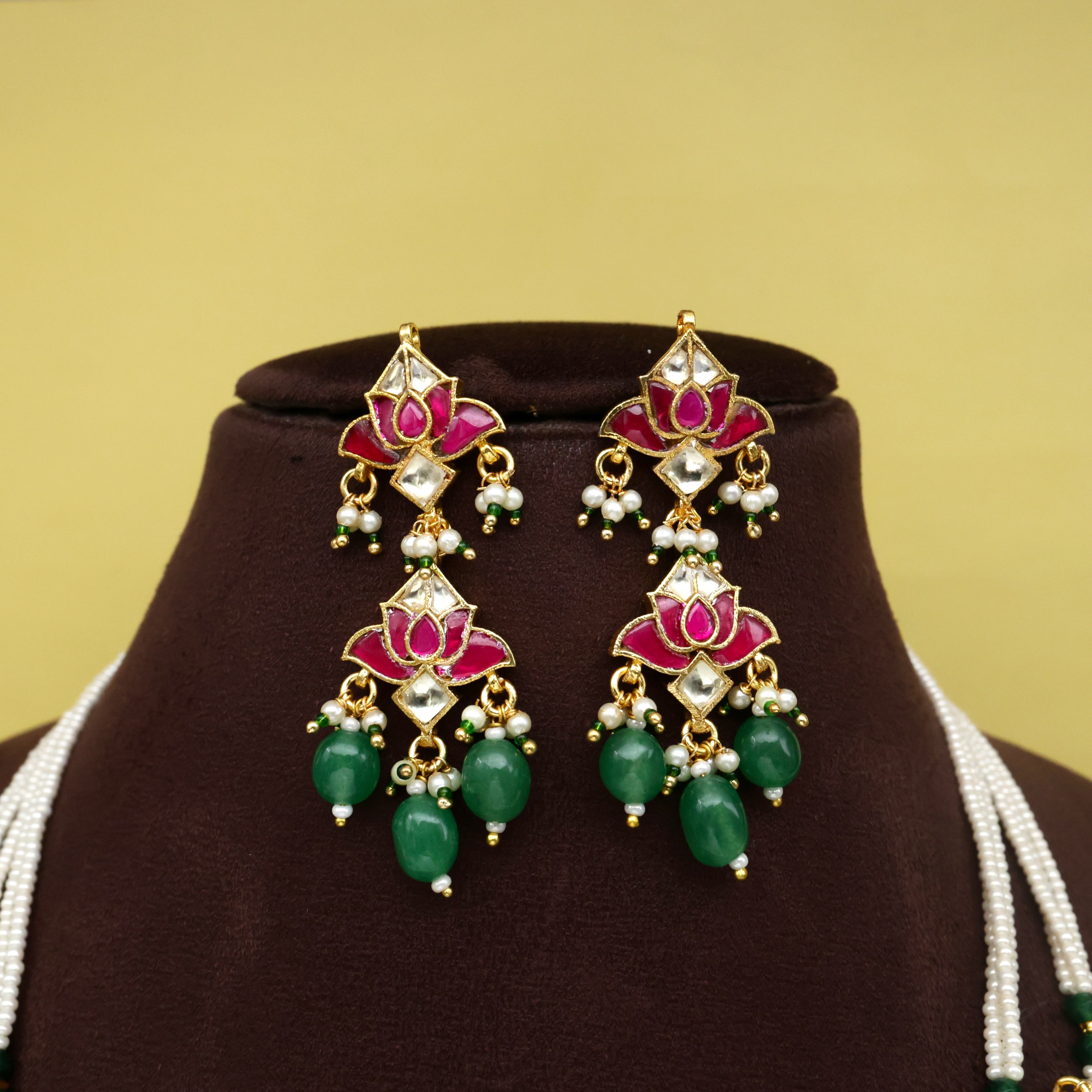 Premium Pachi Kundan Lotus Drops Double Lada Rani Haar Set