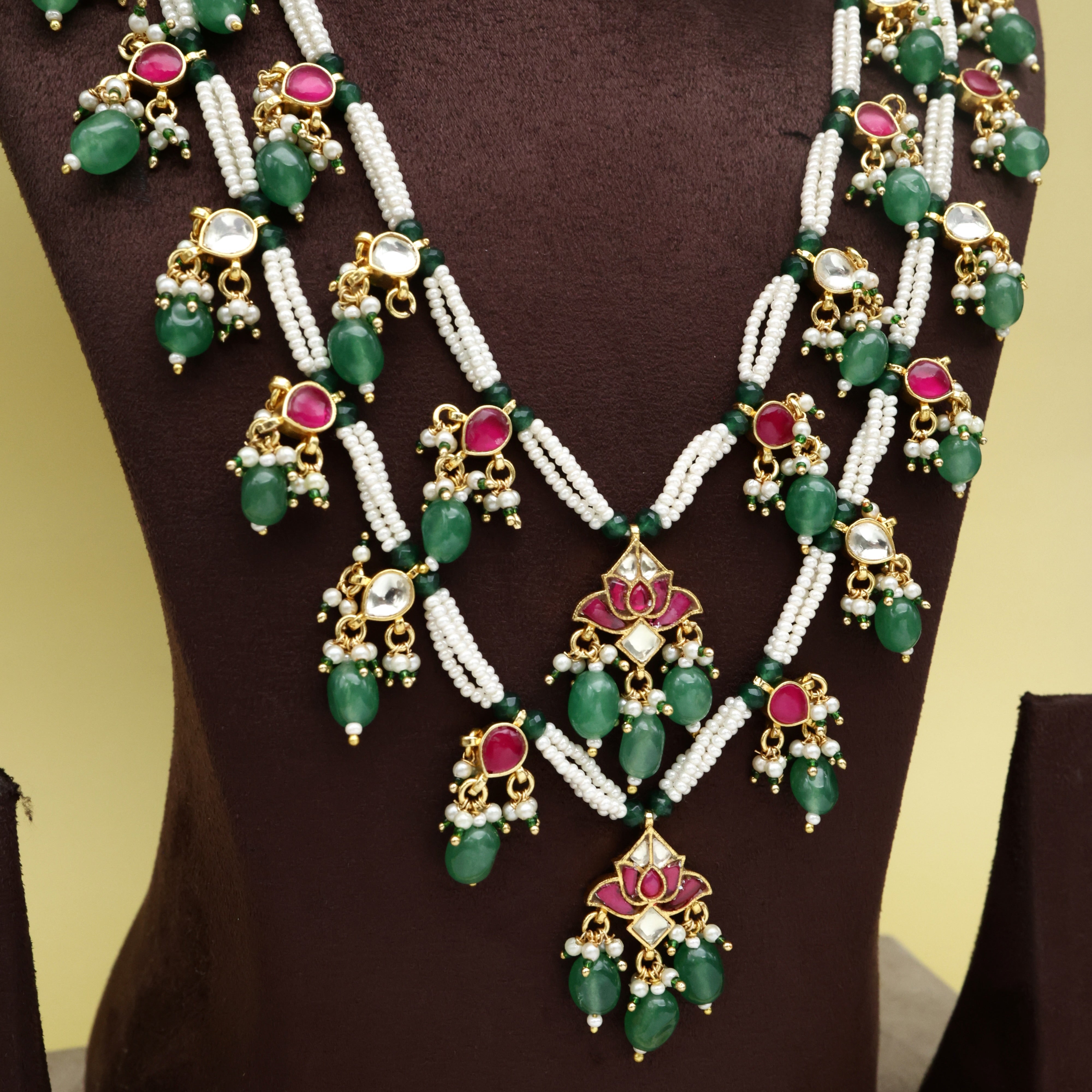 Premium Pachi Kundan Lotus Drops Double Lada Rani Haar Set