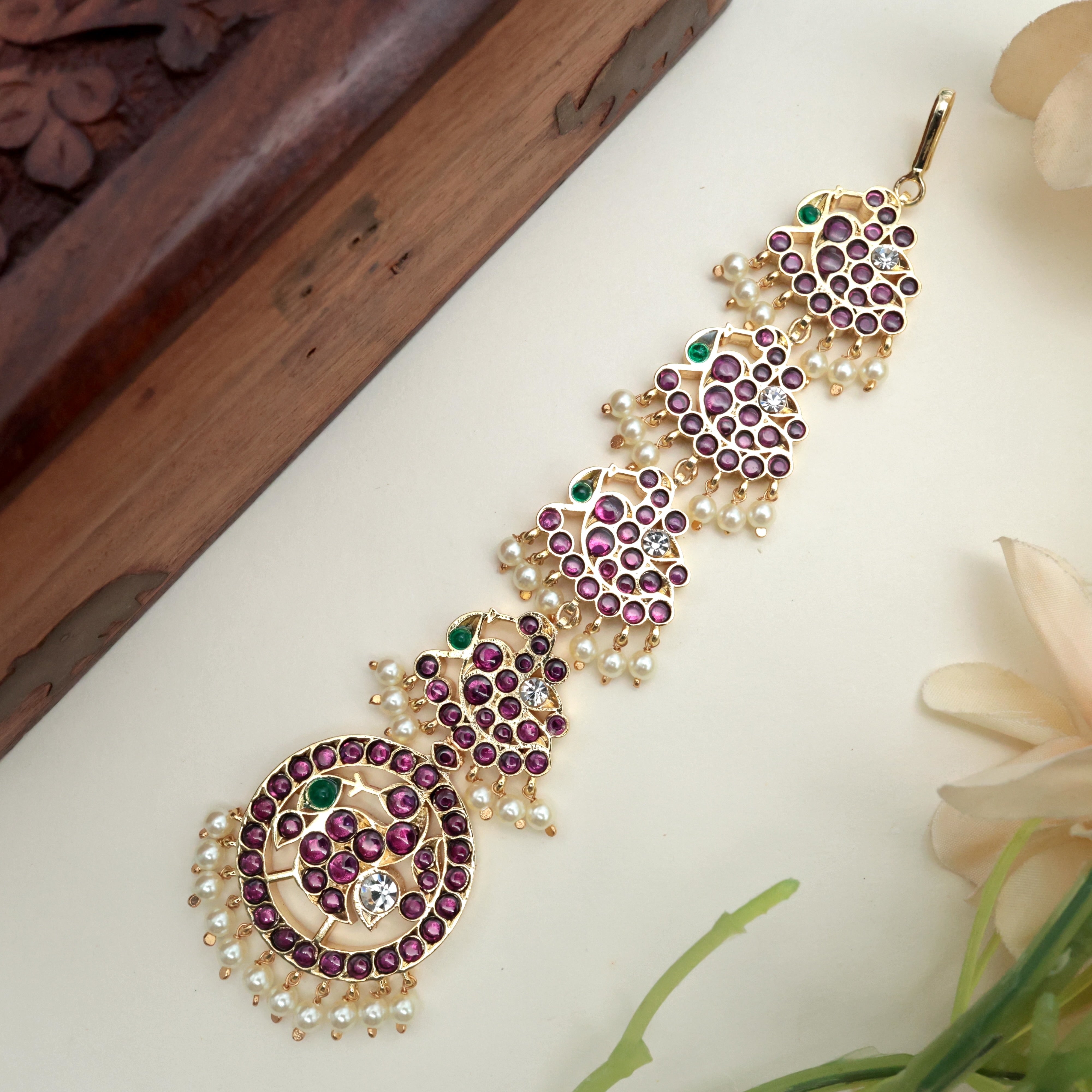 Traditional Real Kemp Annapakshi Temple Bridal Nethichutti