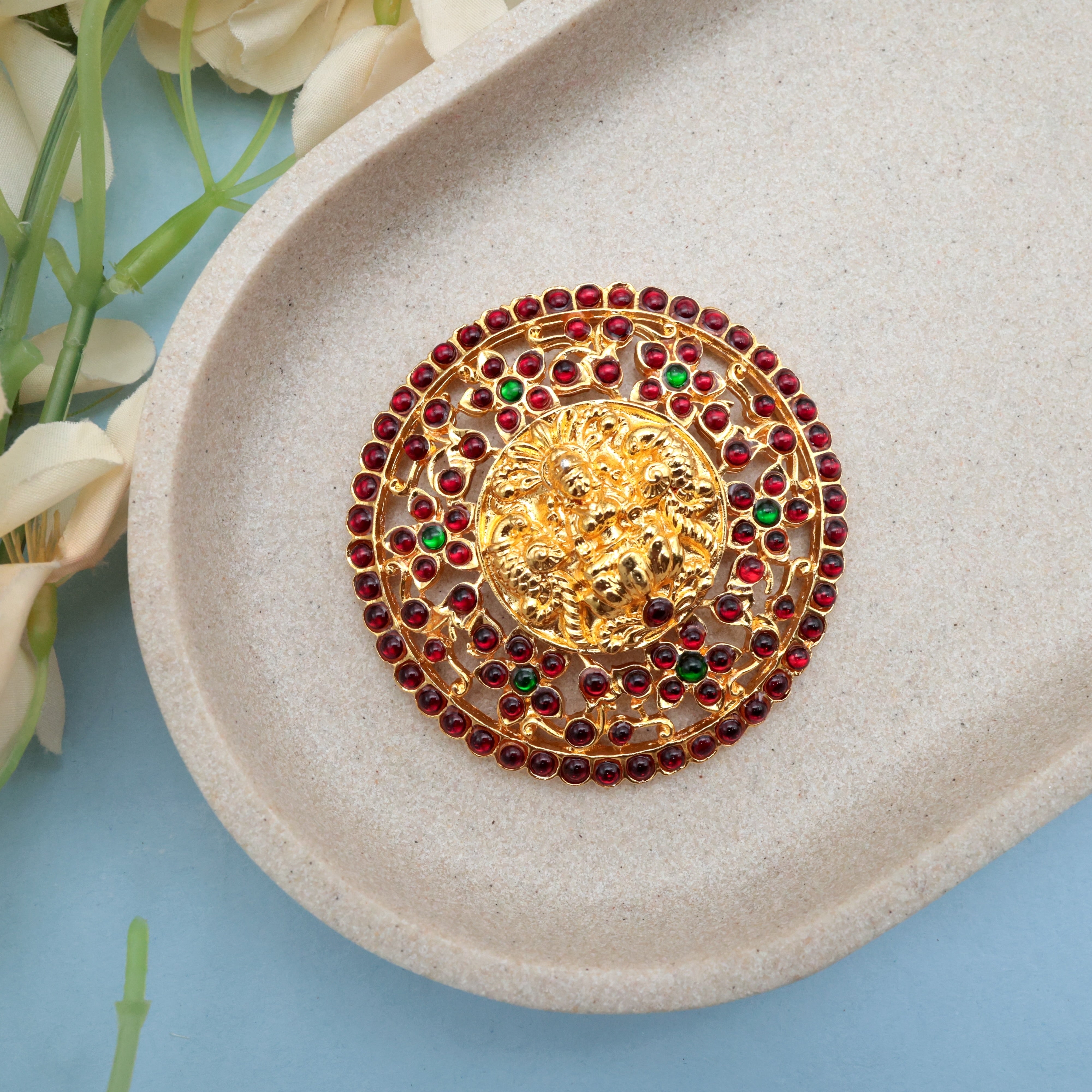 Traditional Kemp Round Gold Tone Lakshmi Rakodi - Traditional Kemp Bridal/Dance Hair Bun Accessory