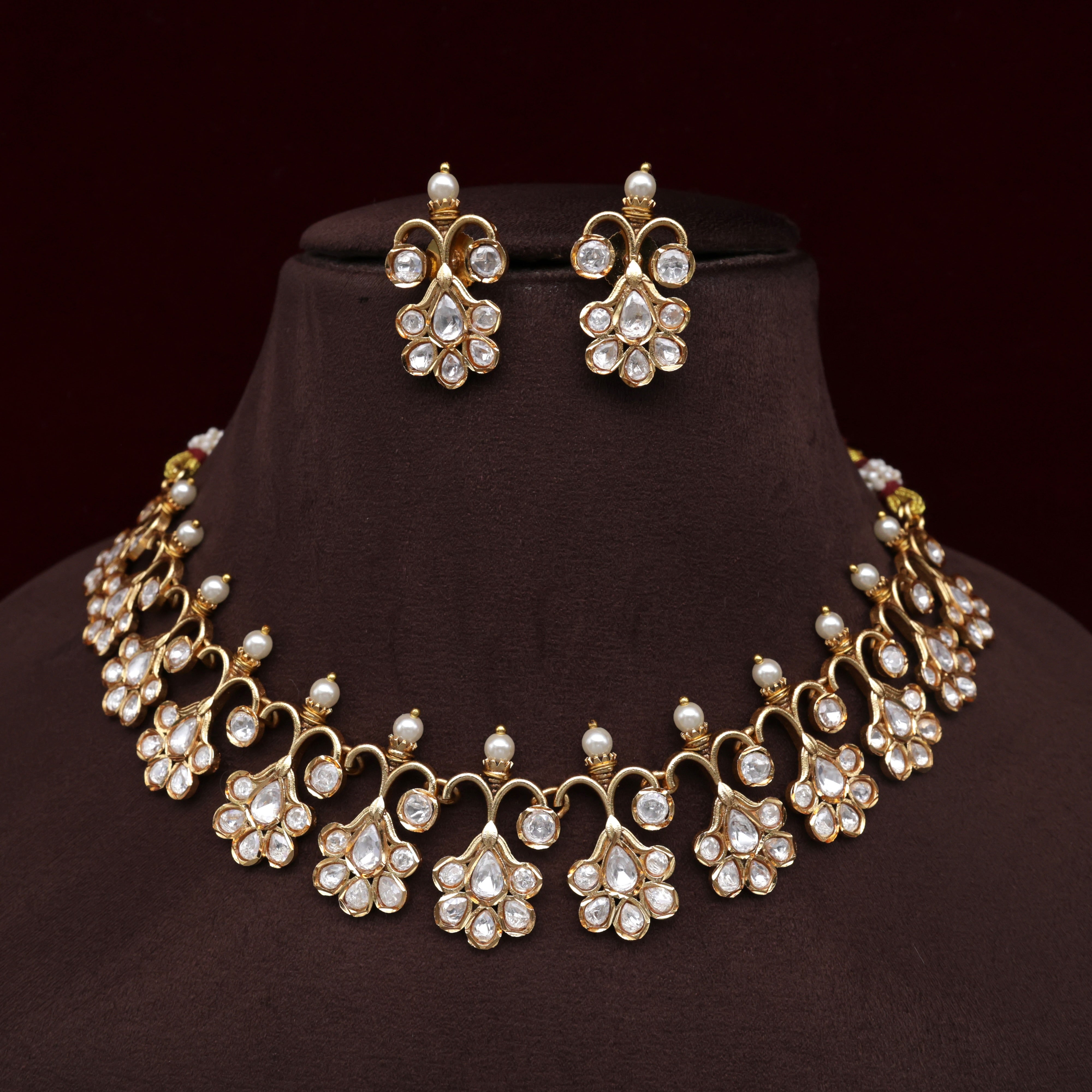 Jadau Kundan Hanging Flower Bridal Necklace Set - White